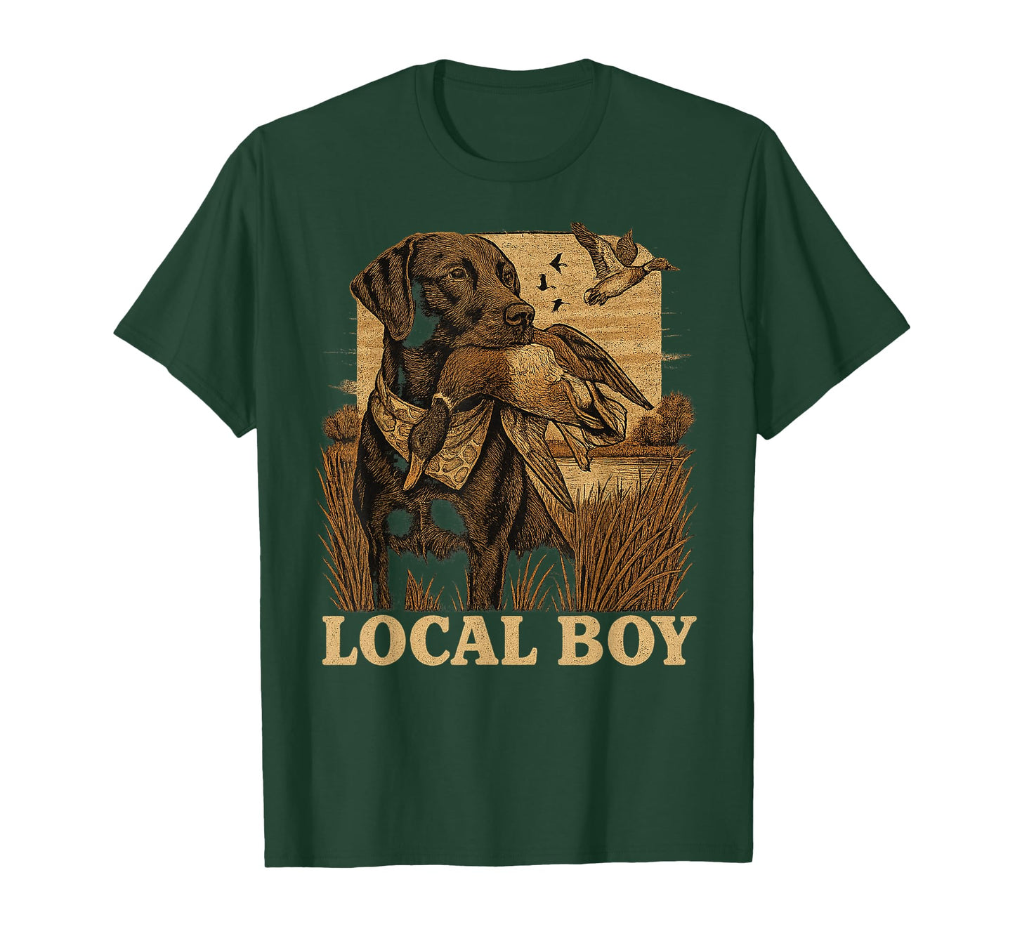 Local Boy Black Lab Hunting Dog Duck Marsh Scene Sunset T-Shirt