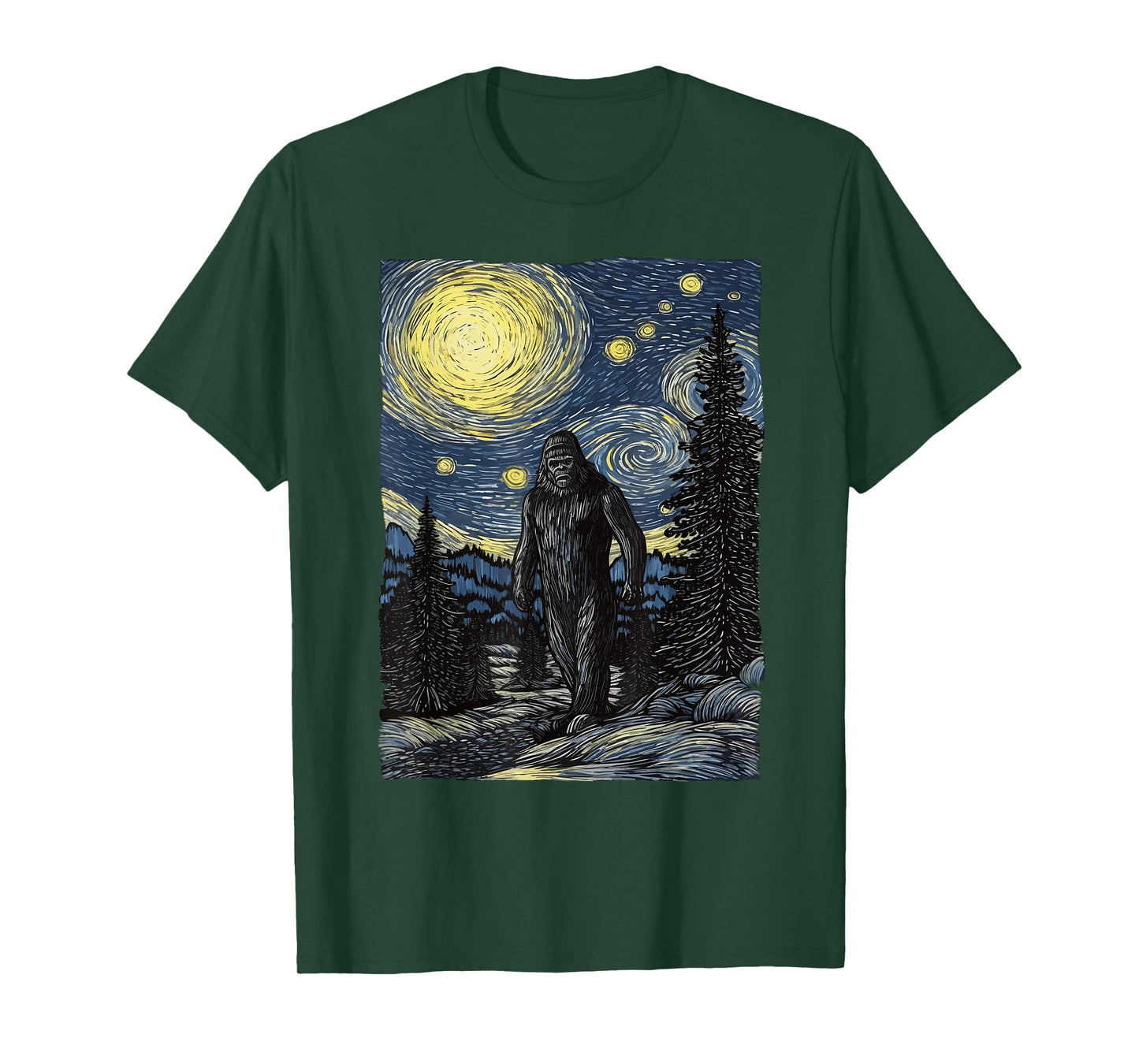 Bigfoot Starry Night Sasquatch Van Gogh Painting Art T-Shirt