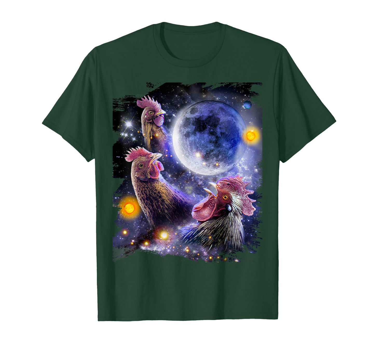 3 Three Chicken Moon, Cosmic Wolf Chickens Howling T-Shirt