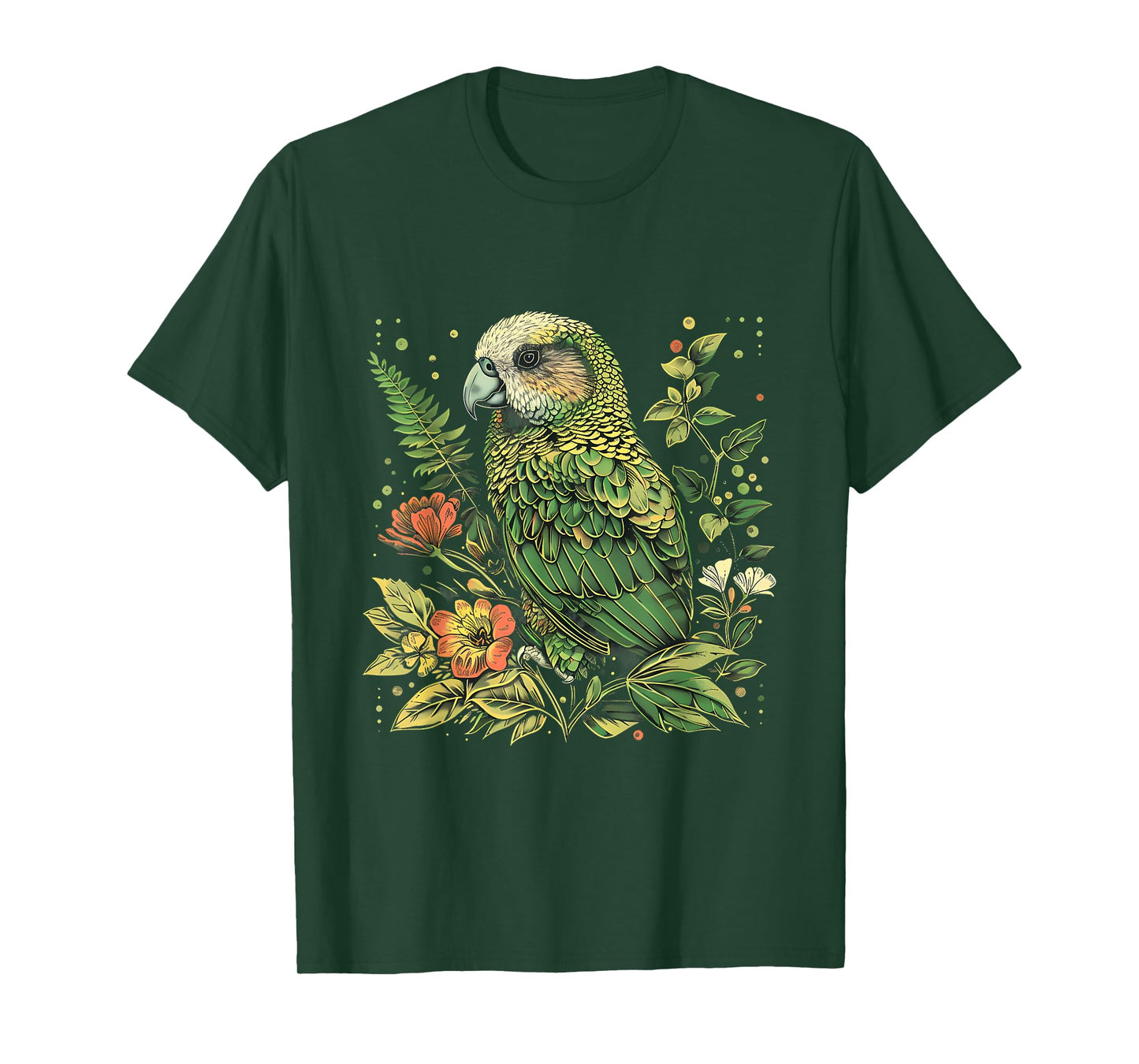 Tropical Jungle Animal Art Kakapo Bird Floral Artwork Kakapo Parrot Animal Lovers Unisex-Adults T-Shirt Black Small Classic Fit Short Sleeve