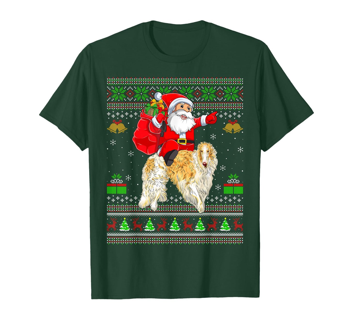 Ugly Xmas Sweater Funny Santa Riding Borzoi Dog Christmas T-Shirt