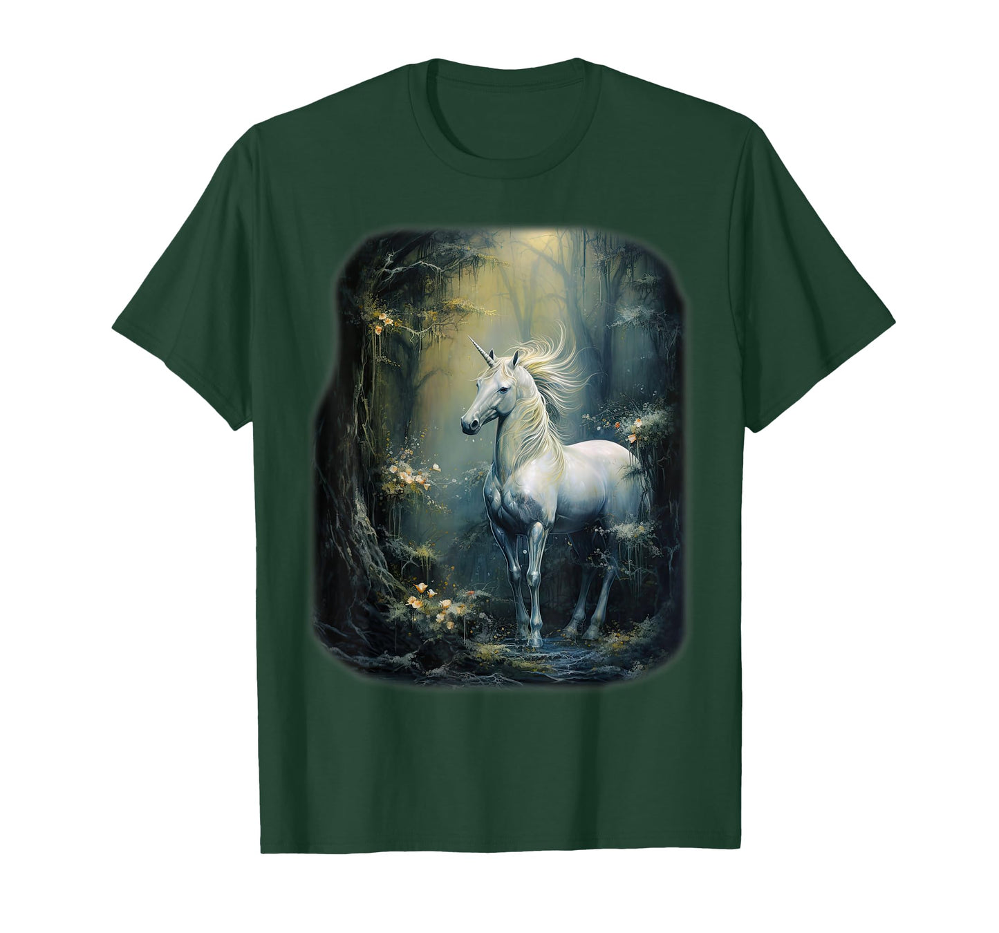 Fantasy white Unicorn standing in a Forest T-Shirt