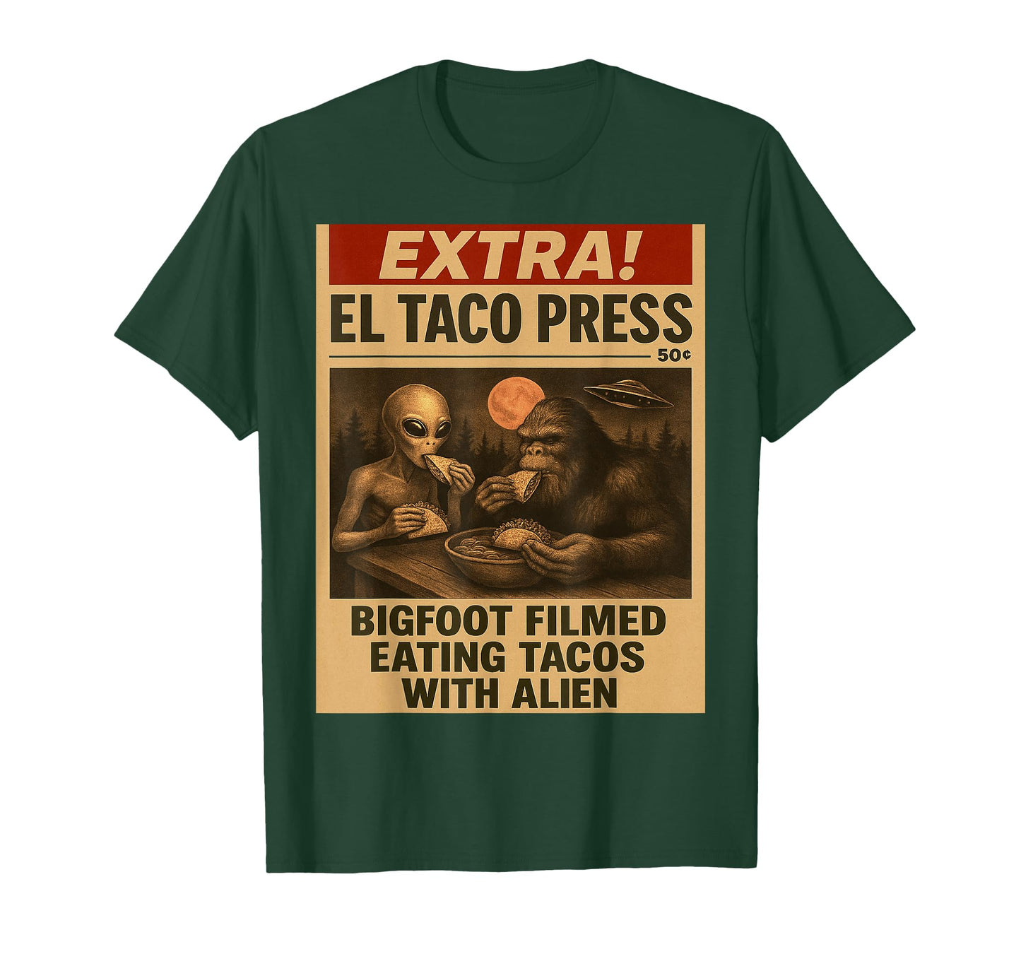 Bigfoot and Alien Eating Tacos Funny Vintage Newspaper UFO T-Shirt