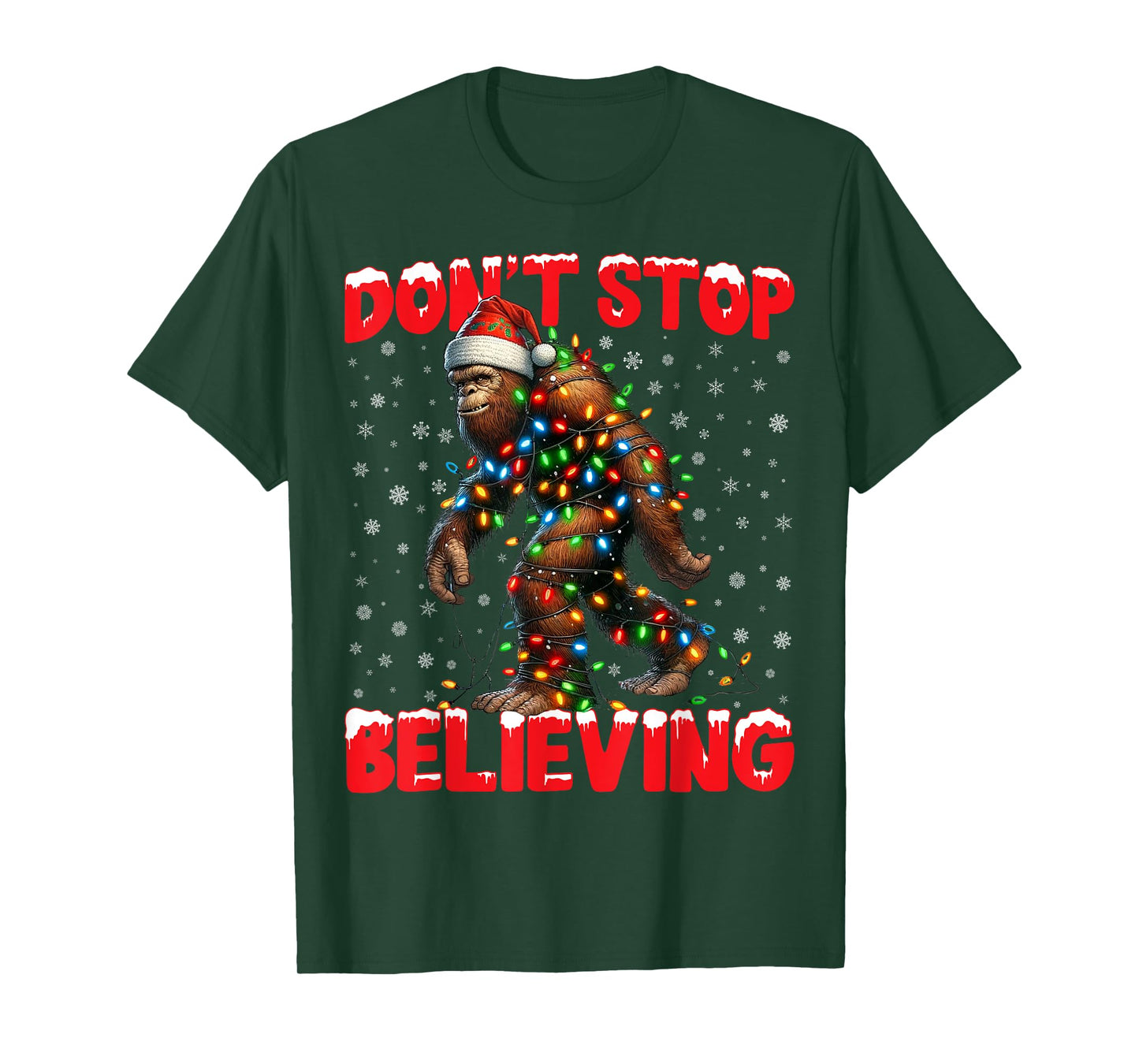 Christmas Bigfoot Don't Stop Believing Santa Hat Lights Tees T-Shirt