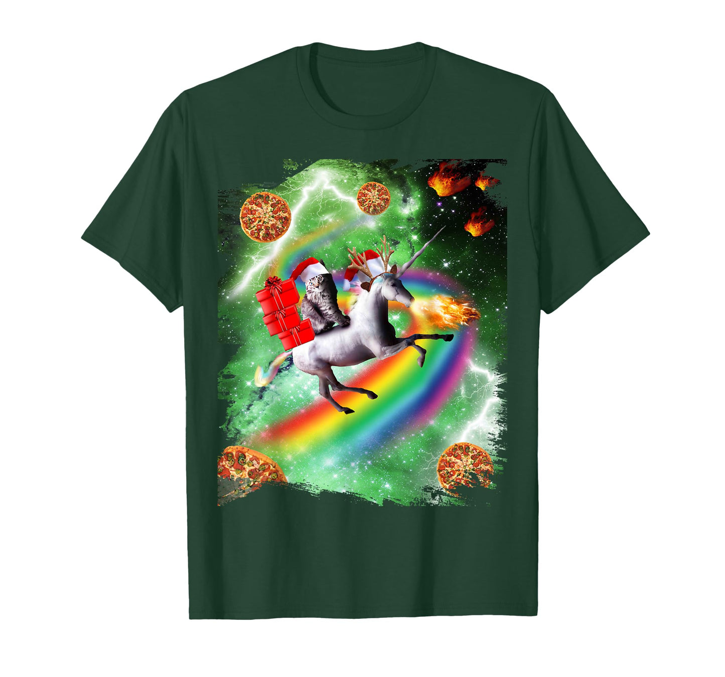 Christmas Cat Santa Riding Unicorn, Space Pizza Funny T-Shirt for Men Women Kids