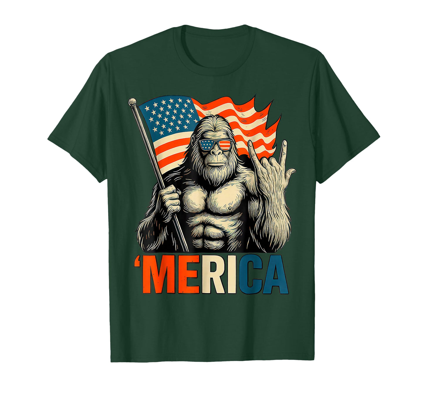 Bigfoot Merica Rock Patriotic American Flag 4th Of July T-Shirt