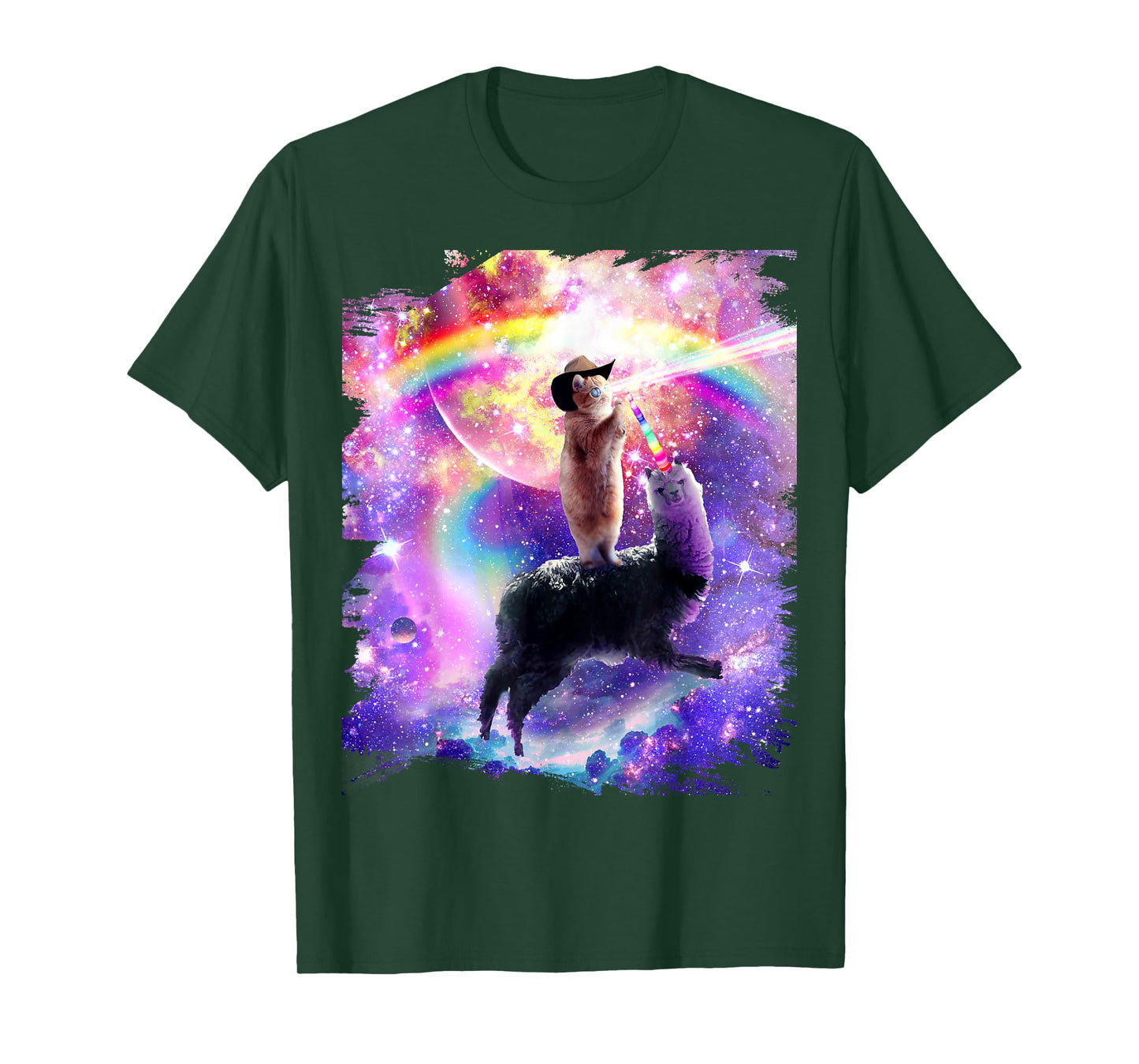 Laser Galaxy Space Cat on Rainbow Llama Unicorn T-Shirt for Men Women Girls Kids