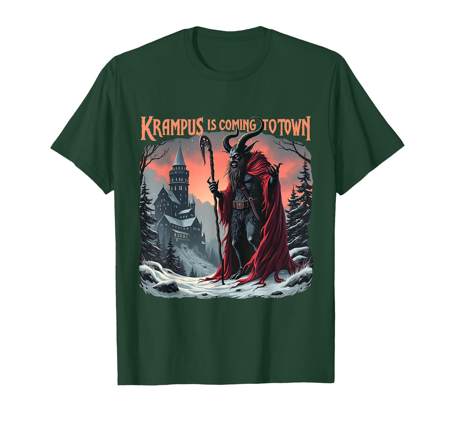 Merry Christmas Krampus Is Coming To Town Unisex-Adult Horror Graphic T-Shirt - Black, Short Sleeve, Crew Neck, Small