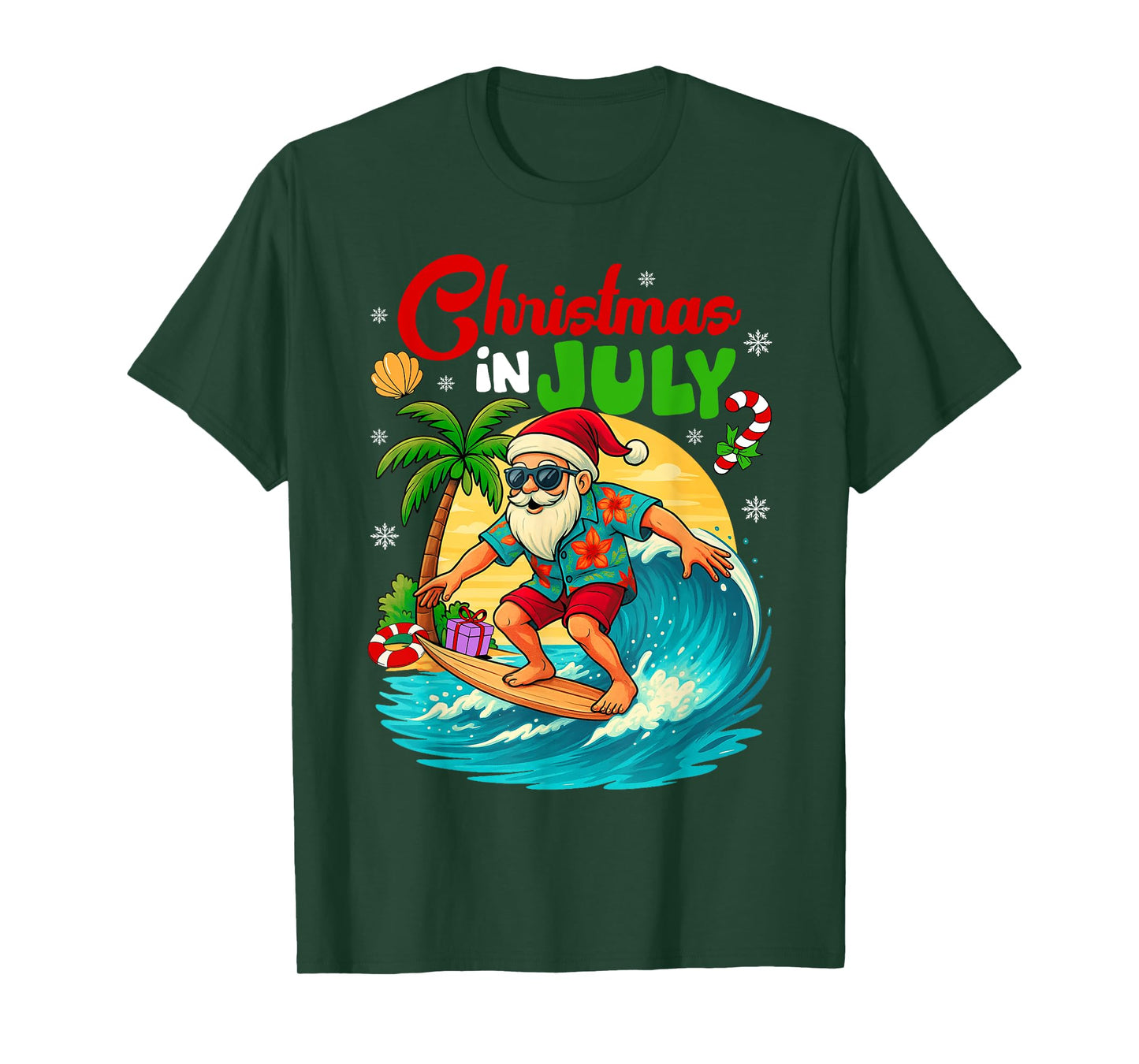 Christmas In July Hawaii Santa Surfing Summer Beach Vacation T-Shirt