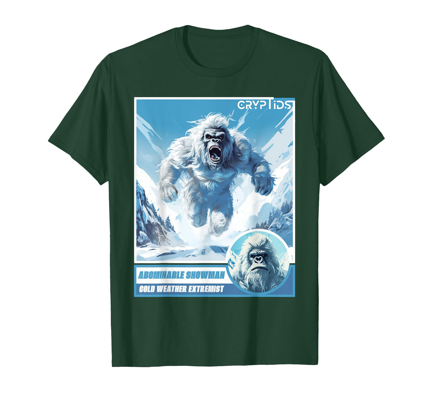 Cryptozoology Cryptid Believer Apparel Unisex-Kids, Adults Black Cartoon Abominable Snowman Winter Classic Fit Crew Neck T-Shirt
