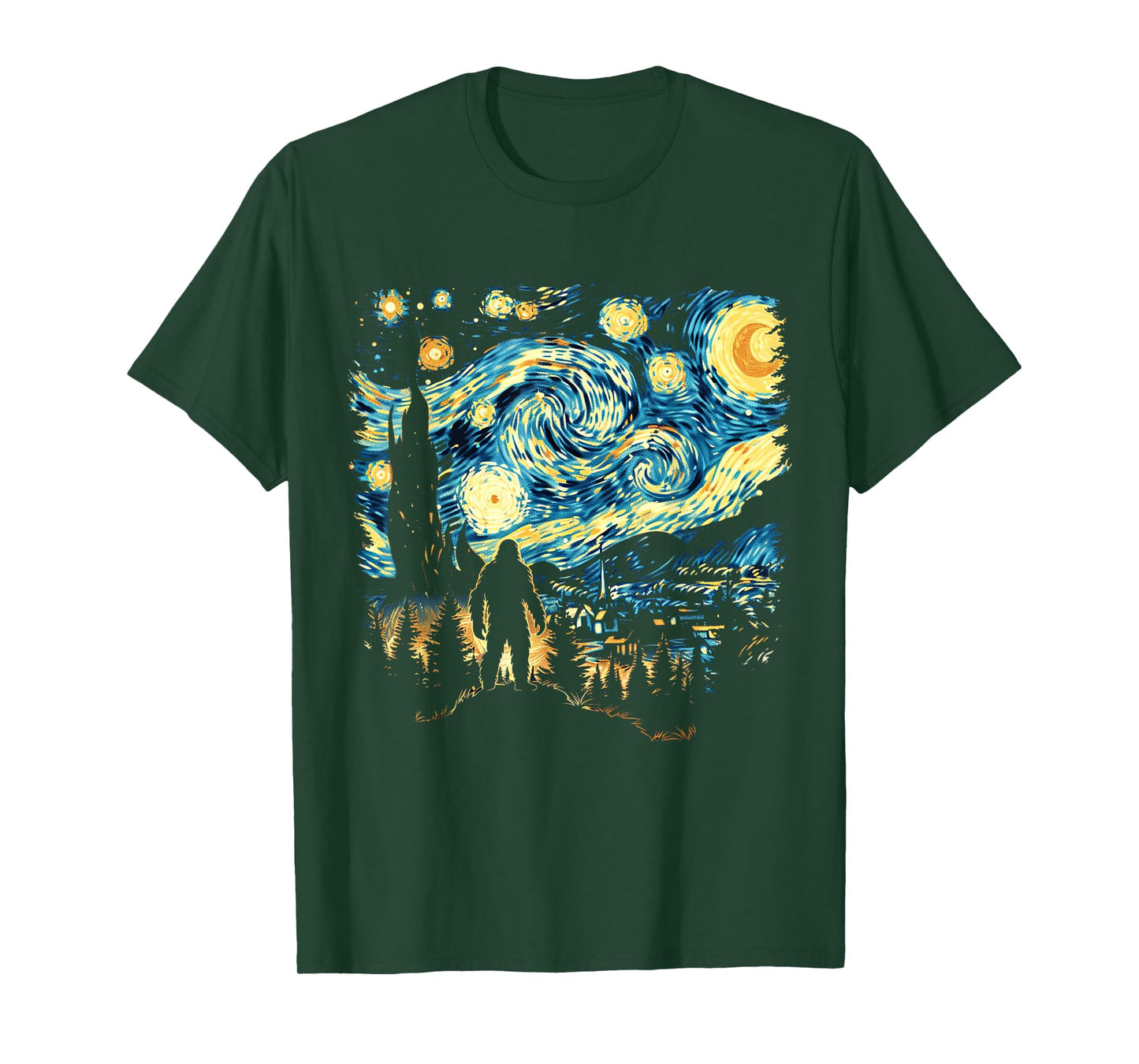 Funny Bigfoot Starry Night Sasquatch Van Gogh Sky Painting T-Shirt