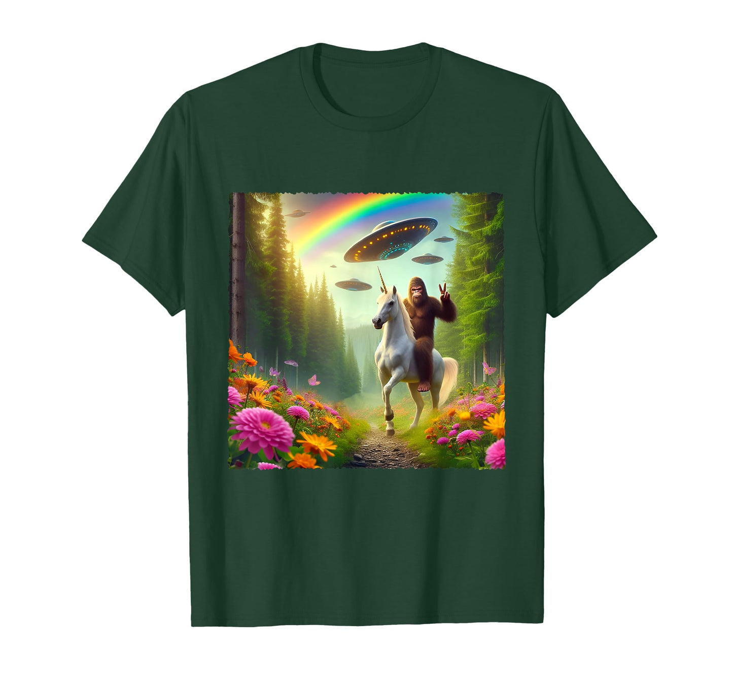 Bigfoot Riding Unicorn Bigfoot Selfie with UFOs Weird Selfie T-Shirt