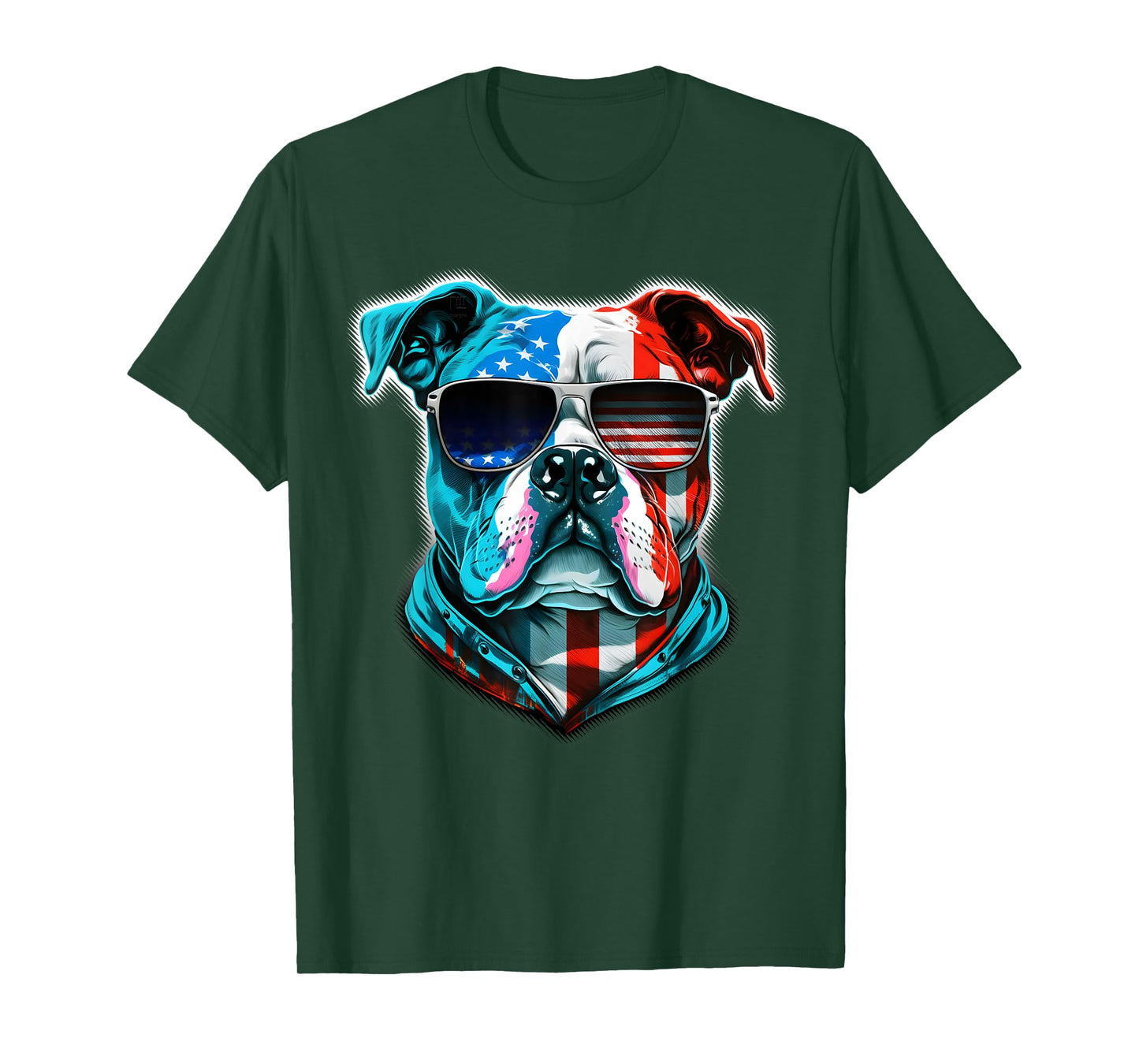 Bulldog Dog Red White Blue American Flag Sunglasses T-Shirt for Women Kids Men