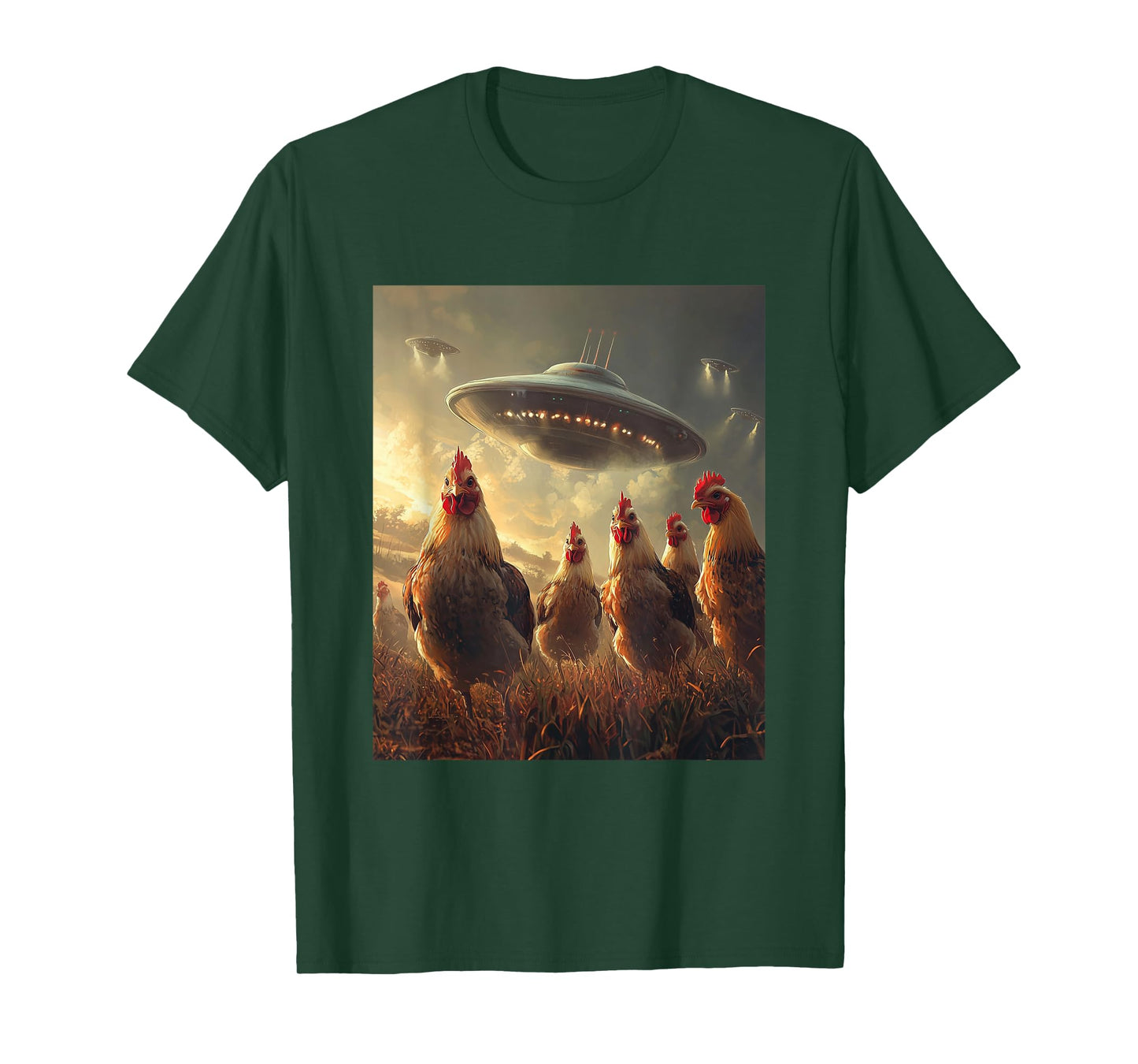 Chicken Selfie with UFOs Aliens Funny Graphic T-Shirt