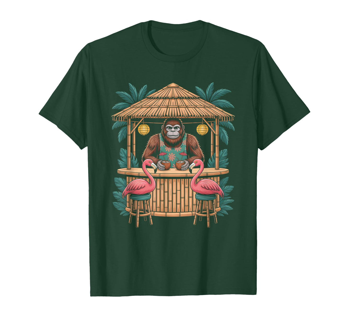 Bigfoot Flamingo Tiki Bar Summer Sun Cocktail Humor T-Shirt