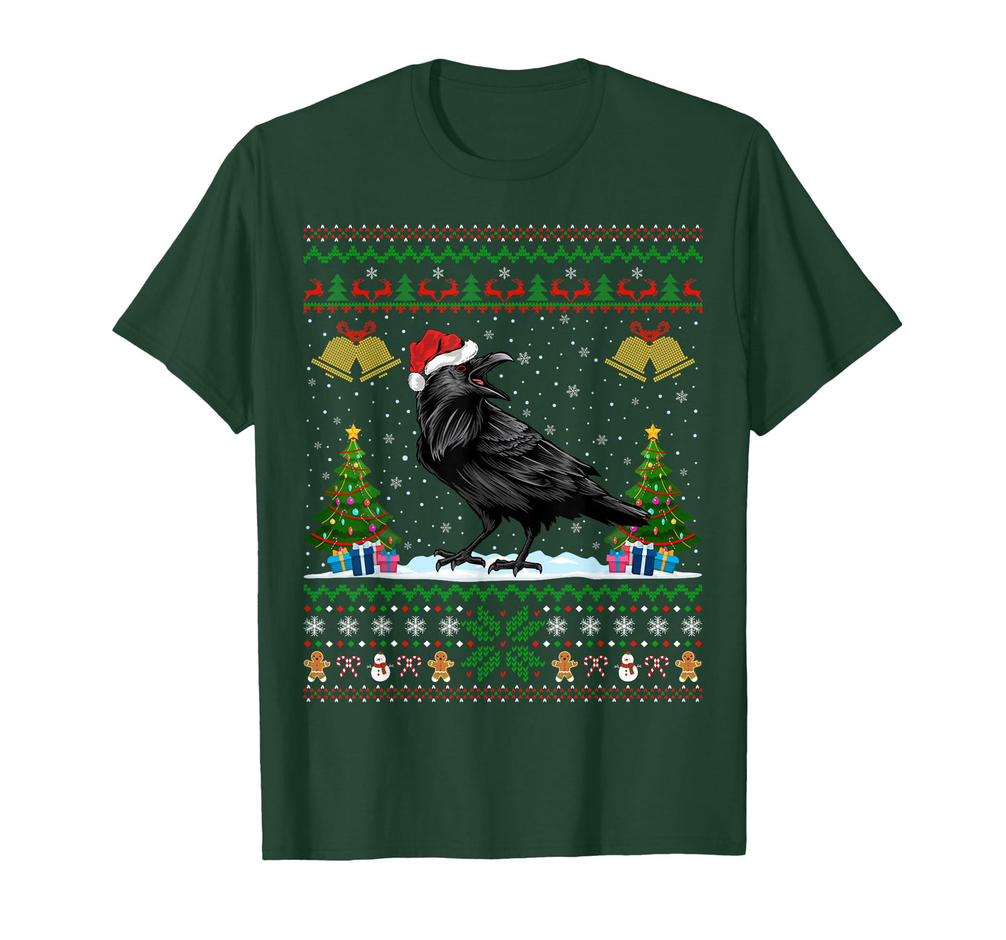 Santa Hat Raven Bird Xmas Lighting Ugly Raven Christmas T-Shirt