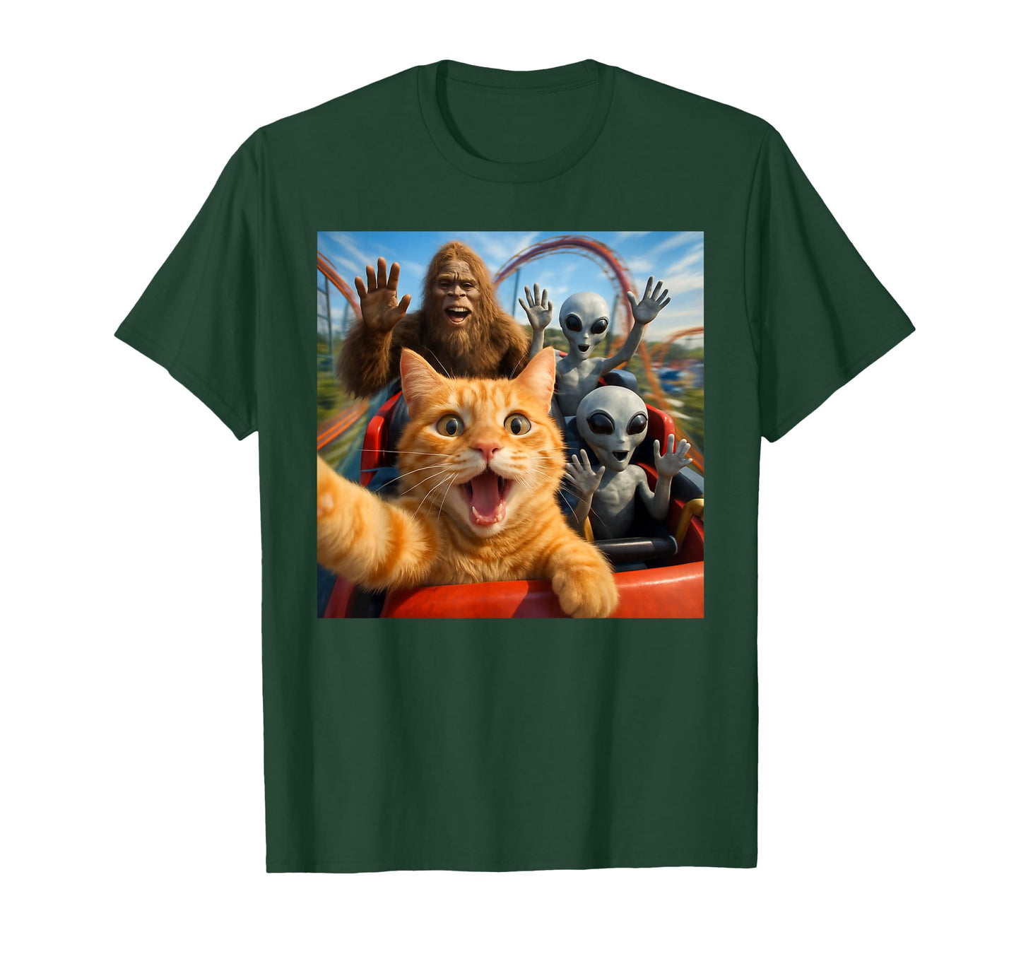 Funny Cat Selfie with Big Foot & Alien Roller Coaster Meme T-Shirt