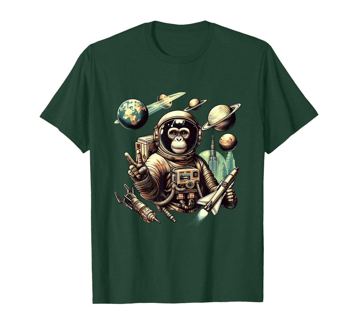 Space Vintage Travel Astronaut Monkey Holding Spaceship T-Shirt