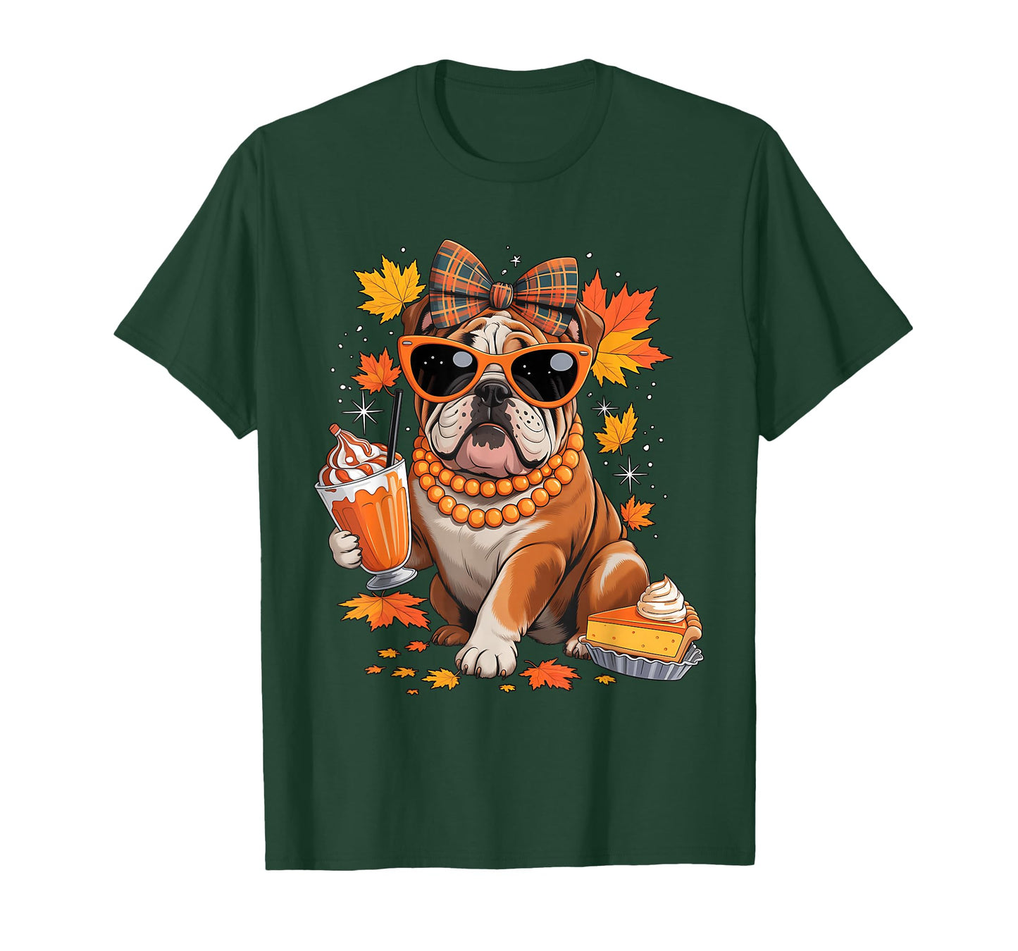 English Bulldog Bow Girls Fall Autumn Leaves Thanksgiving T-Shirt