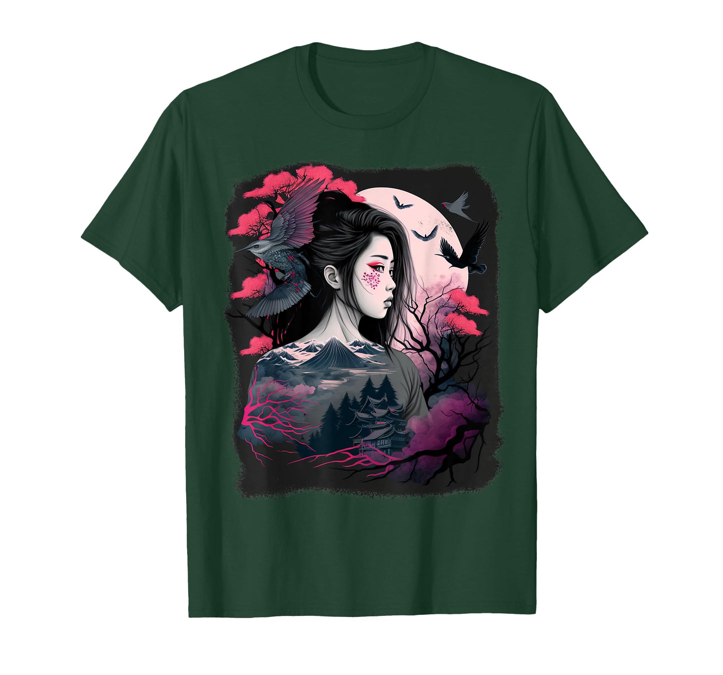 Japanese Samurai Girl Sakura Cherry Blossom Aesthetic Moon T-Shirt