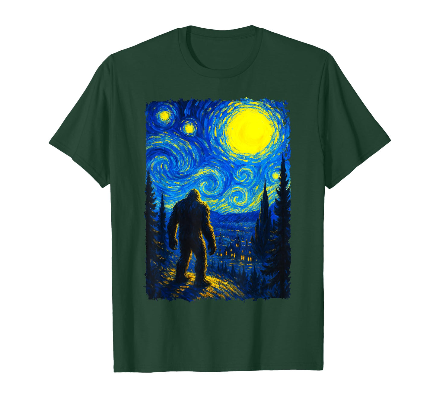 Bigfoot Starry Night Sasquatch Van Gogh Sky Painting Art T-Shirt