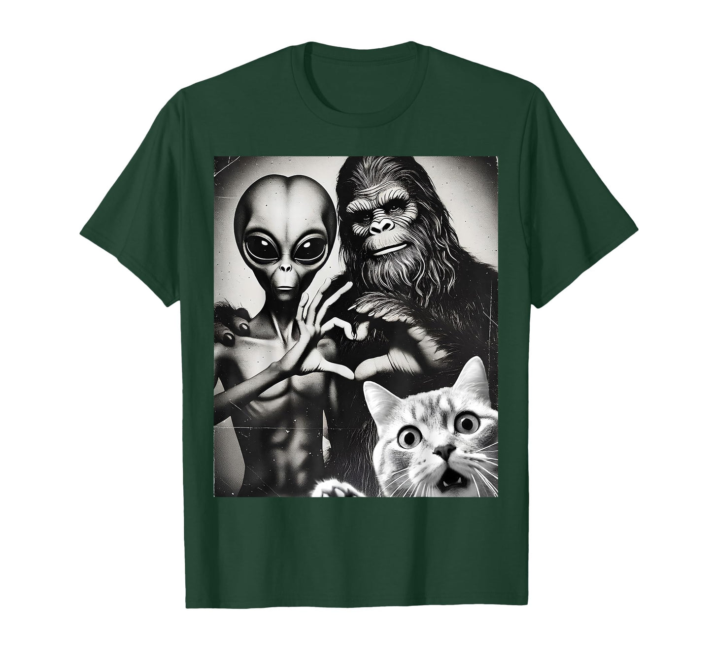 Funny Cat Selfie with Romantic Bigfoot in Love with Alien T-Shirt
