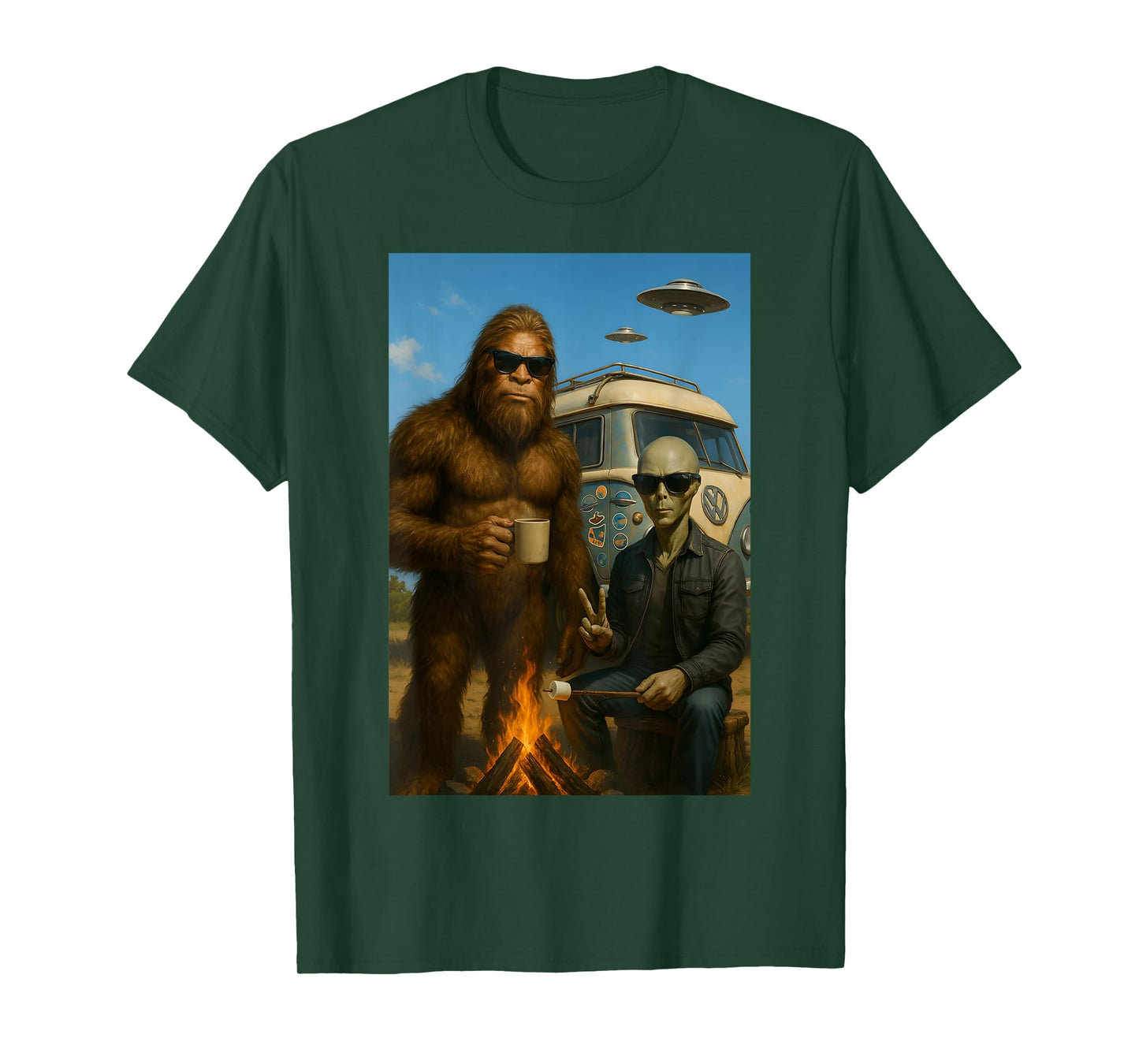 Bigfoot and Alien Camping with UFO T-Shirt