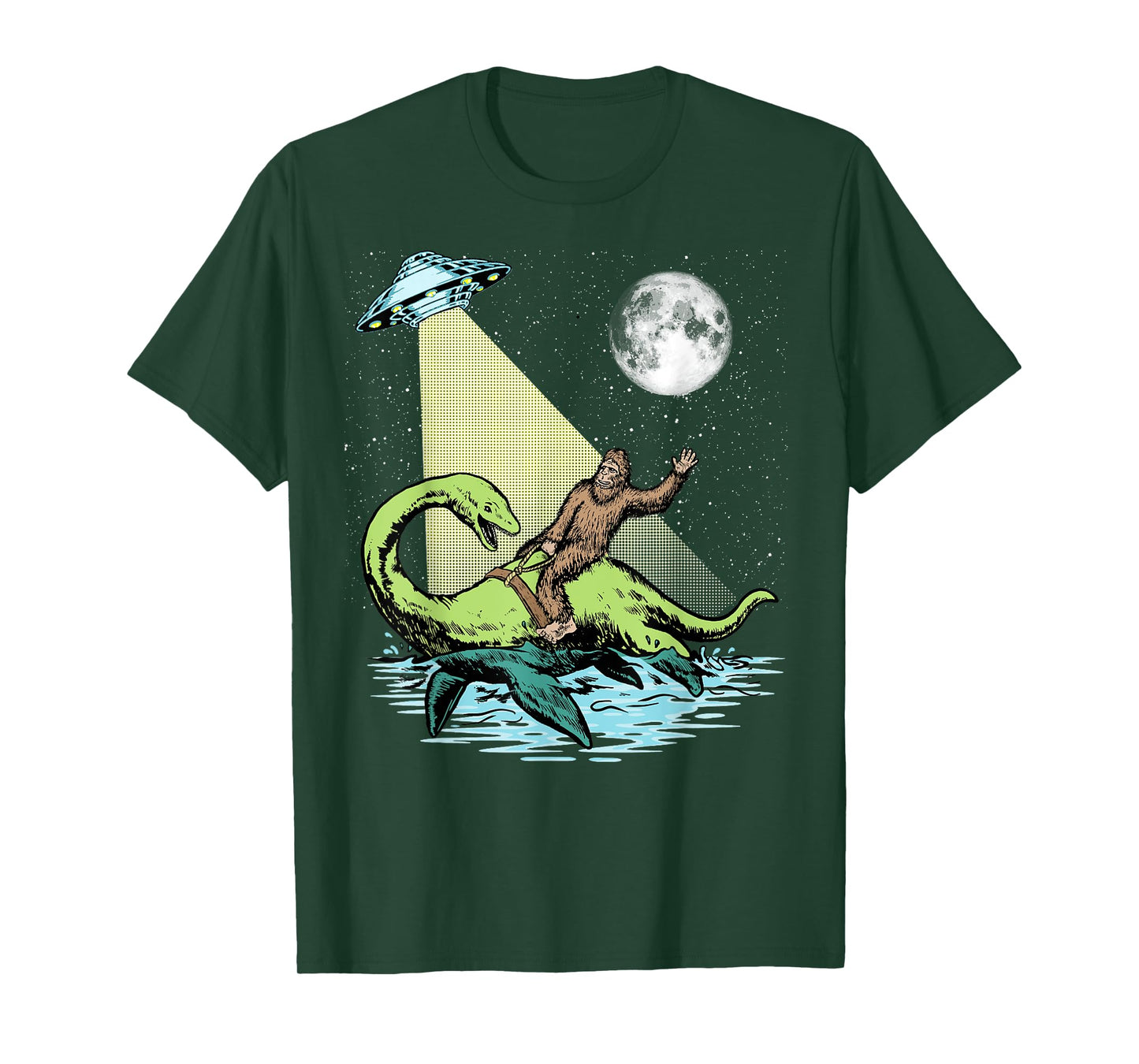 Bigfoot Riding Nessie & UFO Aliens At Night Funny Retro T-Shirt