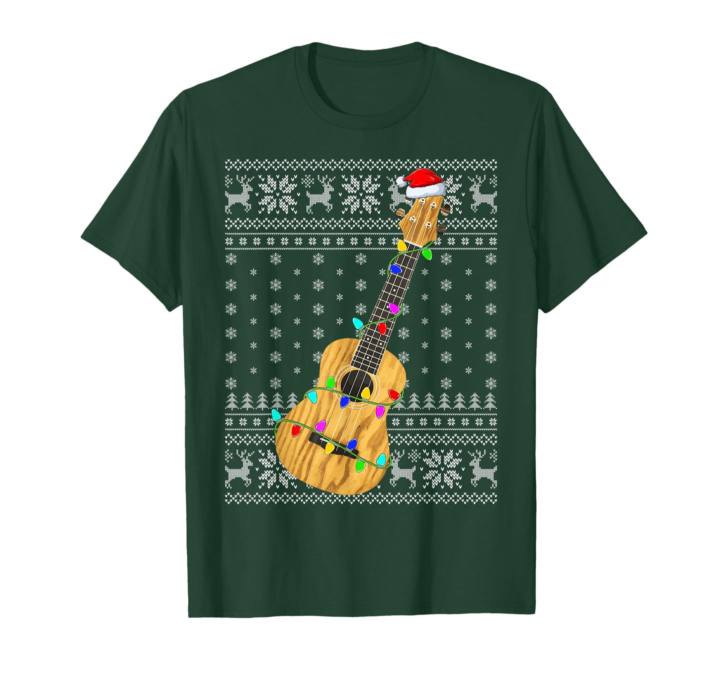 Ugly Sweater Xmas Lights Santa Hat Musical Ukulele Christmas T-Shirt
