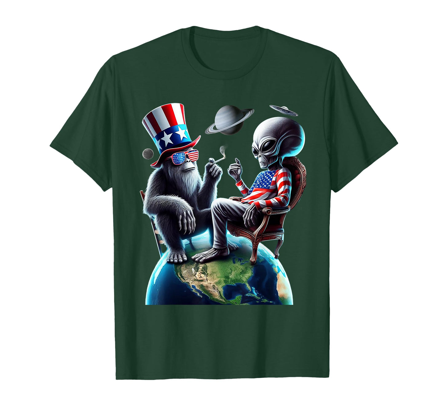 Patriotic Bigfoot Sasquatch Alien Space UFO 4th Of July T-Shirt