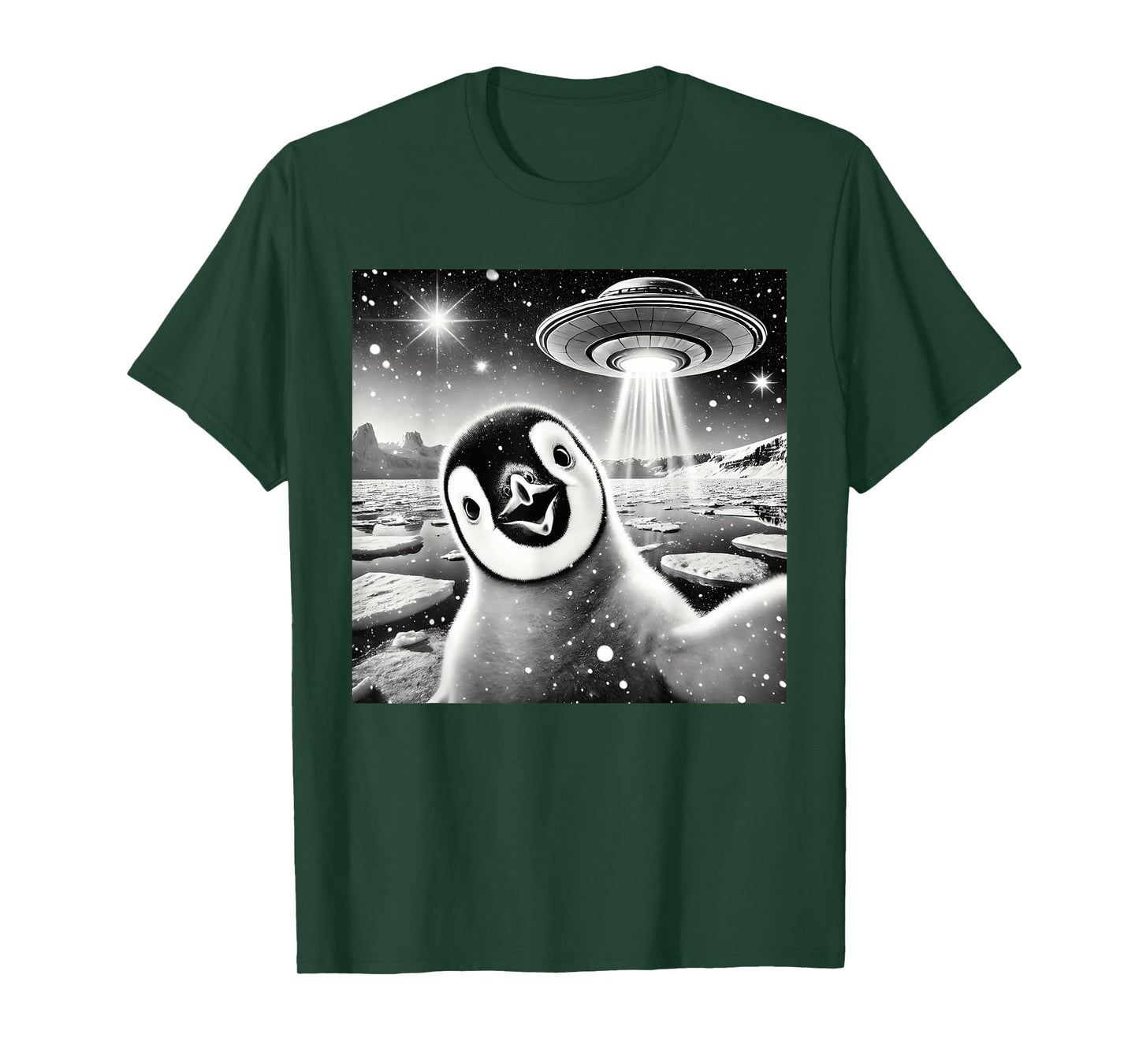 Funny Penguin Selfie UFO Graphic T-Shirt