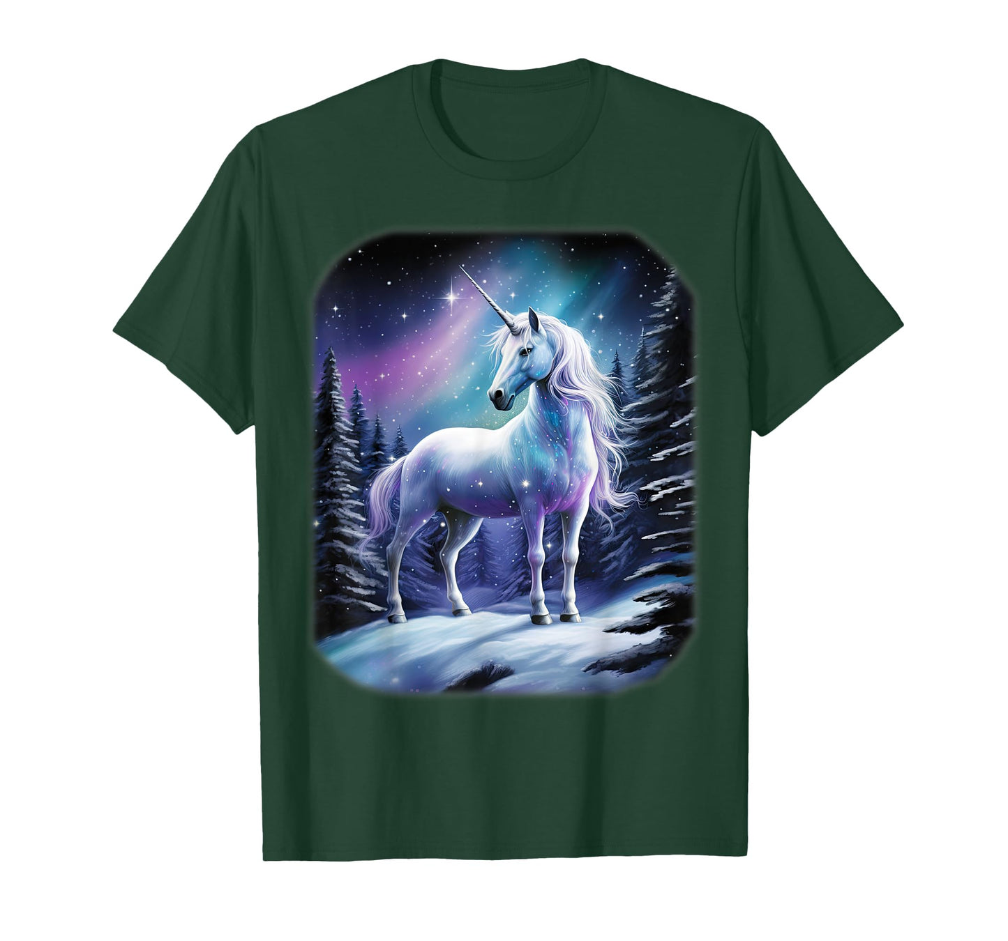 Fantasy white Unicorn standing in the snowy forest T-Shirt