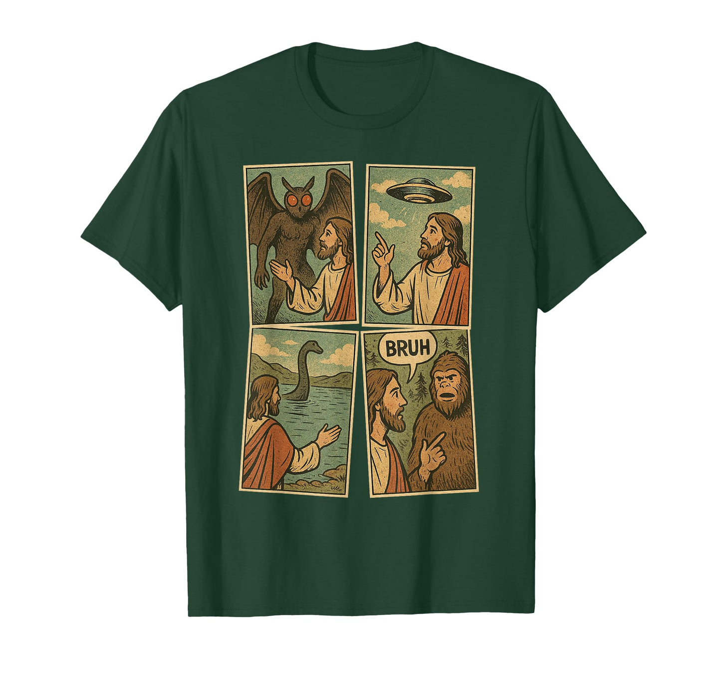 Bruh Meme Tee Jesus Bigfoot Mothman UFO Loch Ness Monster T-Shirt