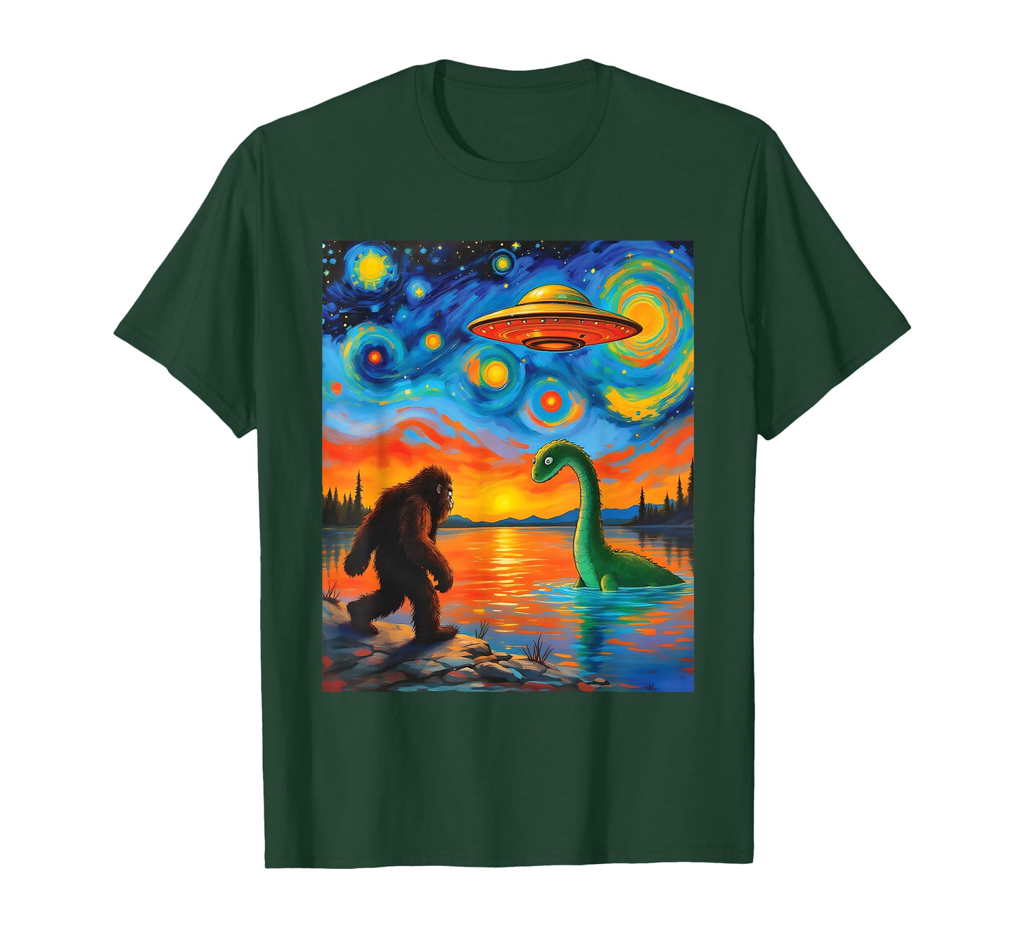 Bigfoot UFO Alien Encounter Van Gogh Starry Night Mystery T-Shirt