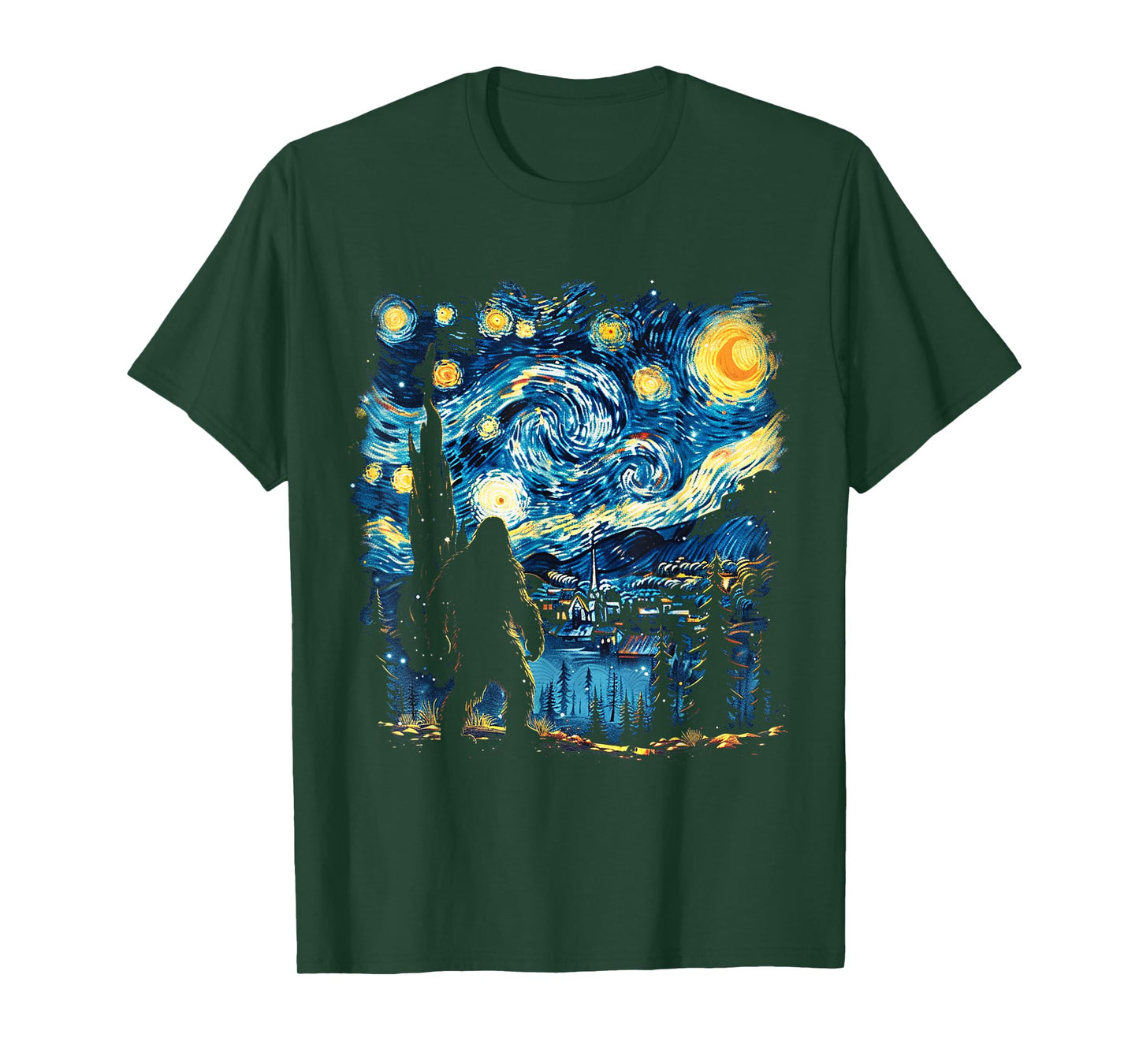 Funny Bigfoot Starry Night Sasquatch Van Gogh Sky Painting T-Shirt