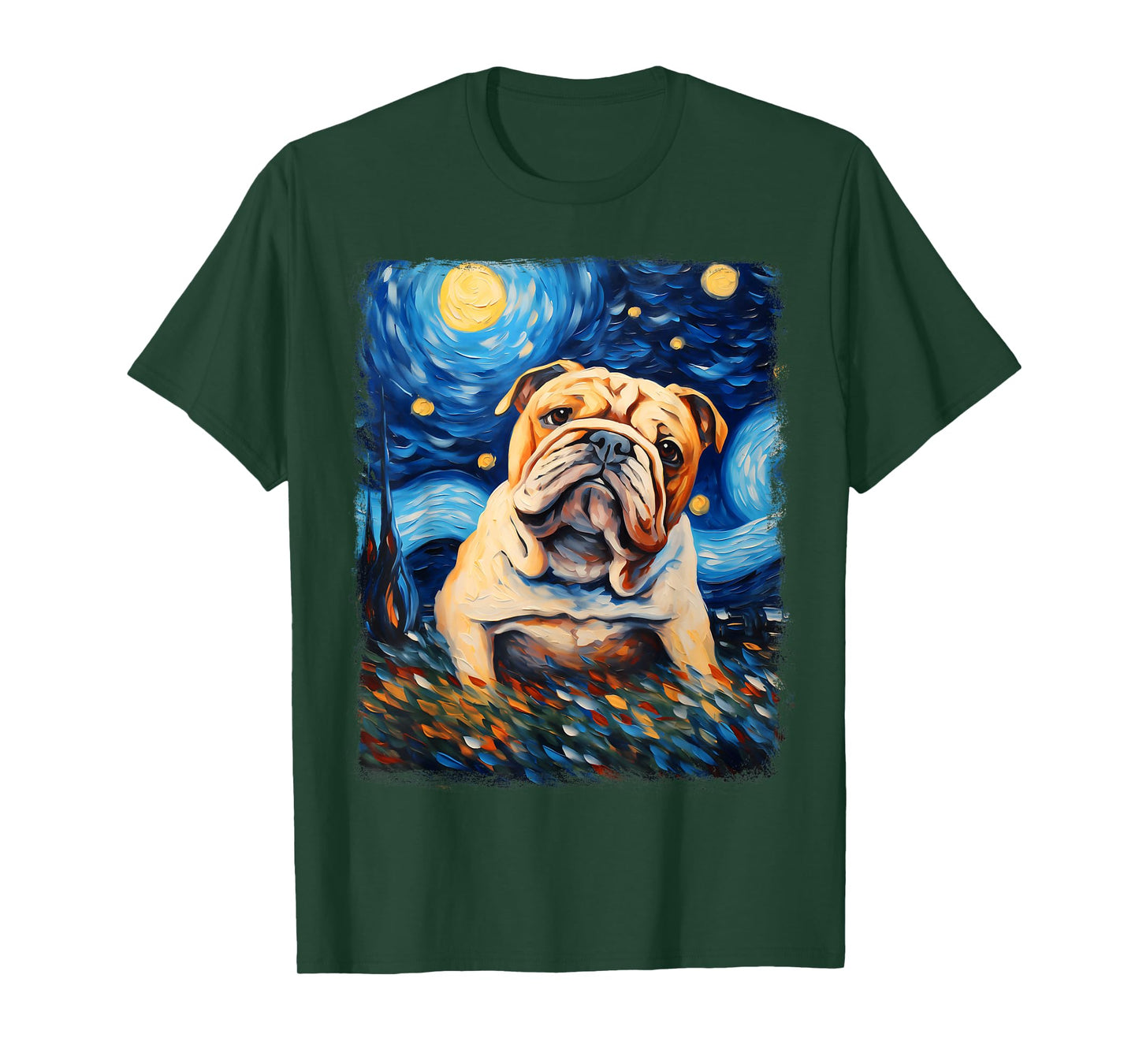 Bulldog Dog Starry Night Painting T-Shirt