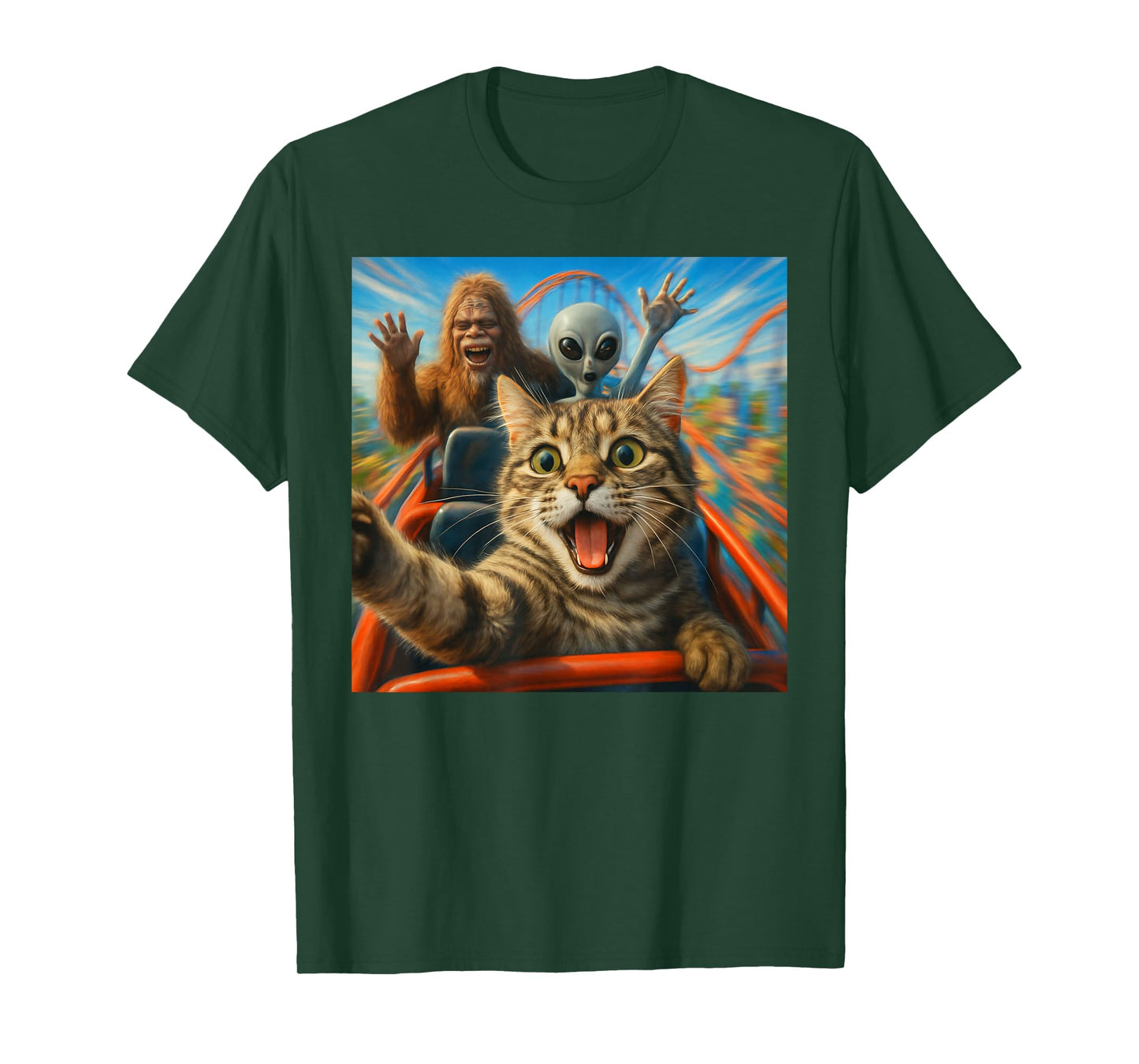 Funny Cat Selfie with Big Foot & Alien Roller Coaster Meme T-Shirt
