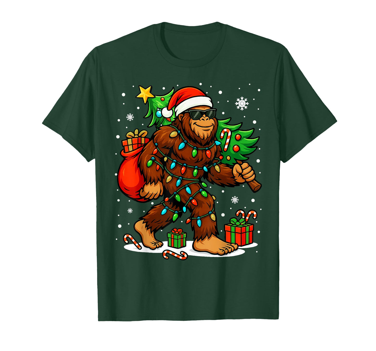 Santa Bigfoot Christmas Tree Xmas Lights Funny Sasquatch T-Shirt
