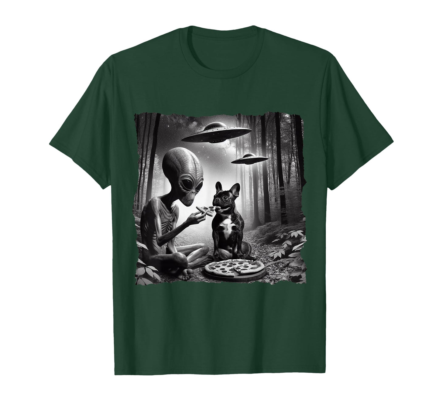 French Bulldog With Alien Eating Pizza. UFO French Bulldog Men Women Kids T-Shirt