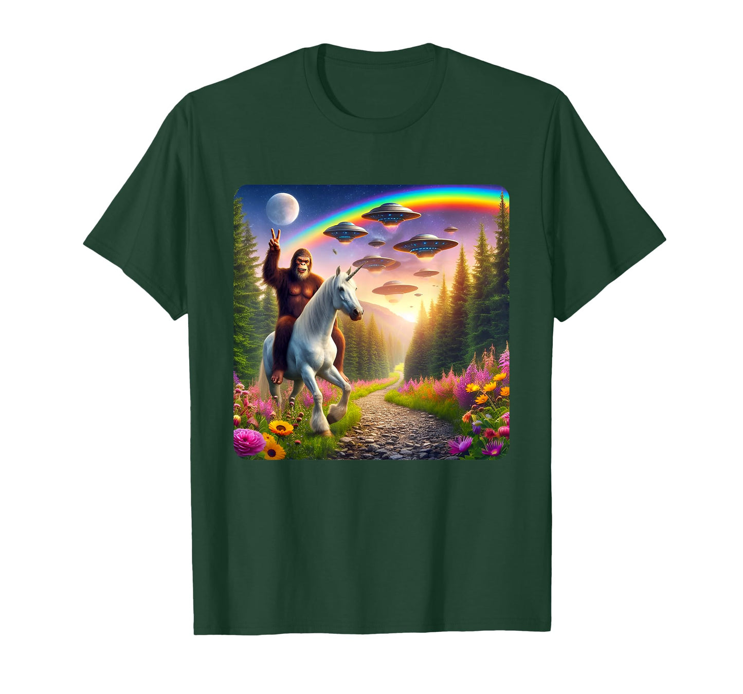 Bigfoot Riding Unicorn Funny Bigfoot Unicorn Selfie UFO T-Shirt