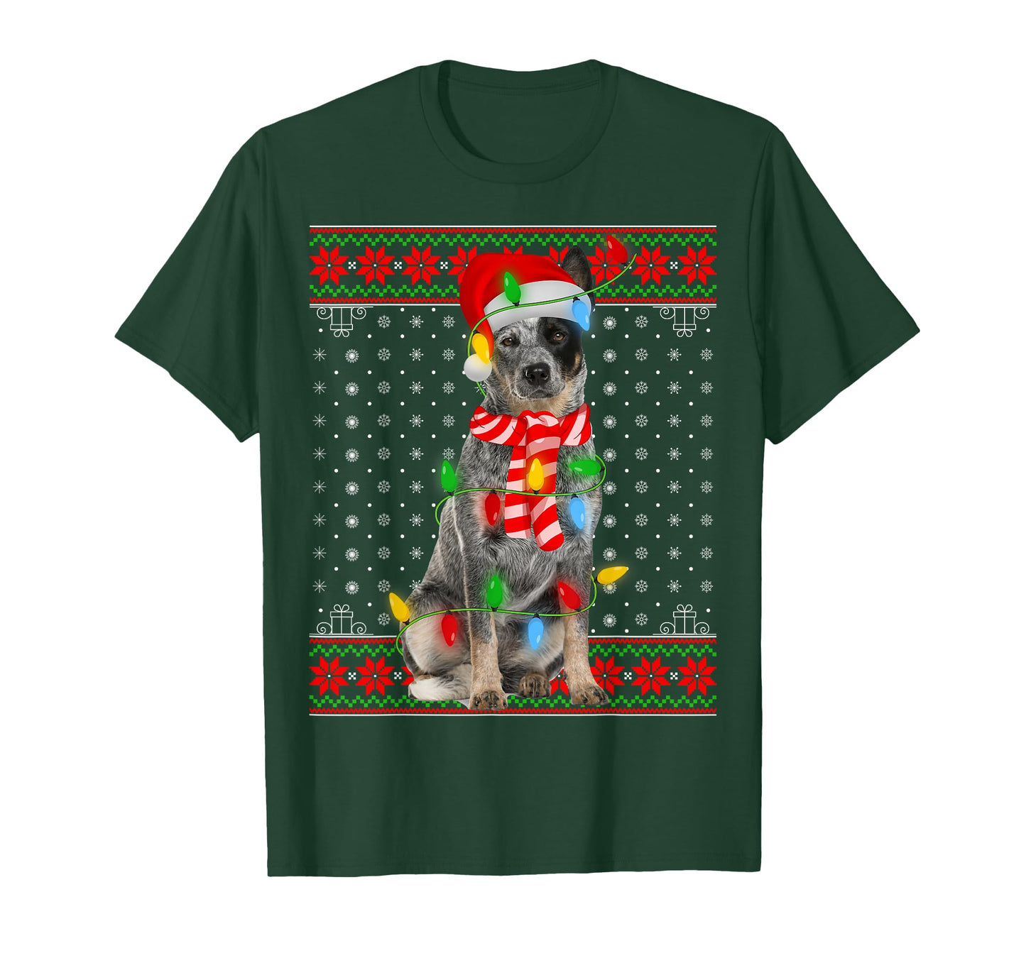 Ugly Xmas Dog Lights Santa Hat Blue Heeler Dog Christmas Men Women Girls Kids T-Shirt