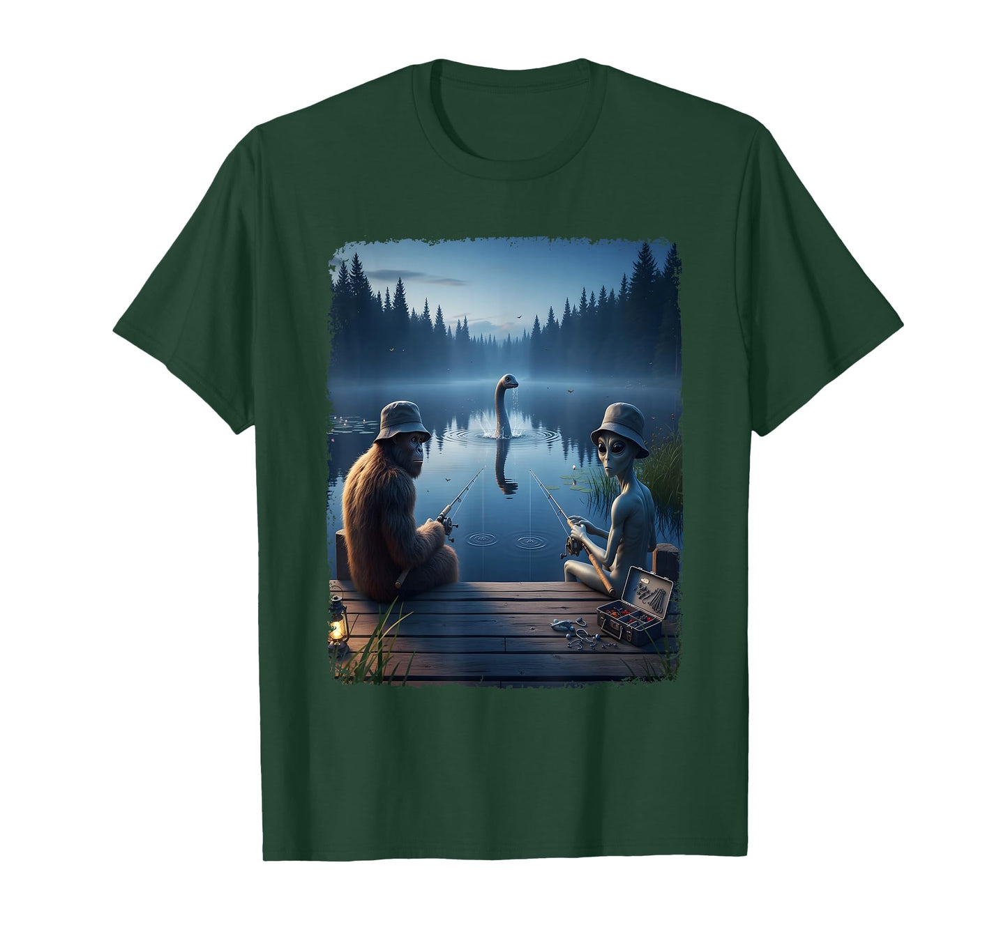 Funny Cryptid Fishing Loch Ness Selfie Top Alien Bigfoot T-Shirt
