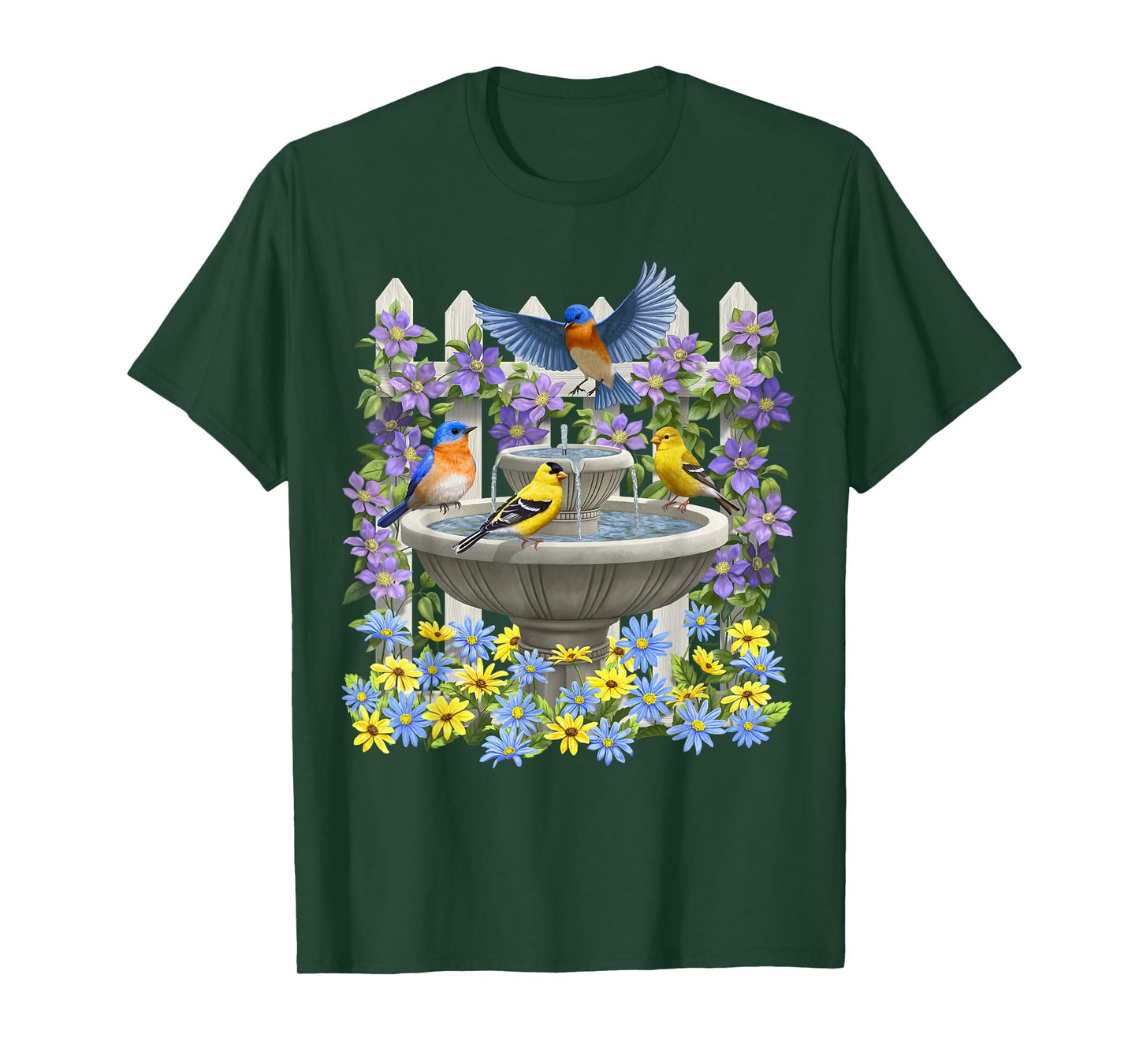 Bluebirds Goldfinches & Bird Bath Flower Garden T-Shirt