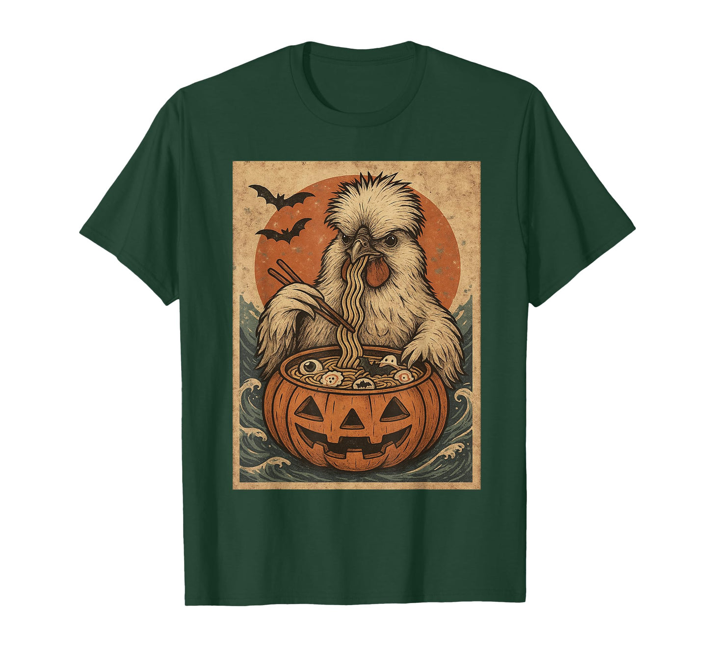 Funny Spooky Silkie Chicken Pumpkin Japanese Ramen Noodles T-Shirt