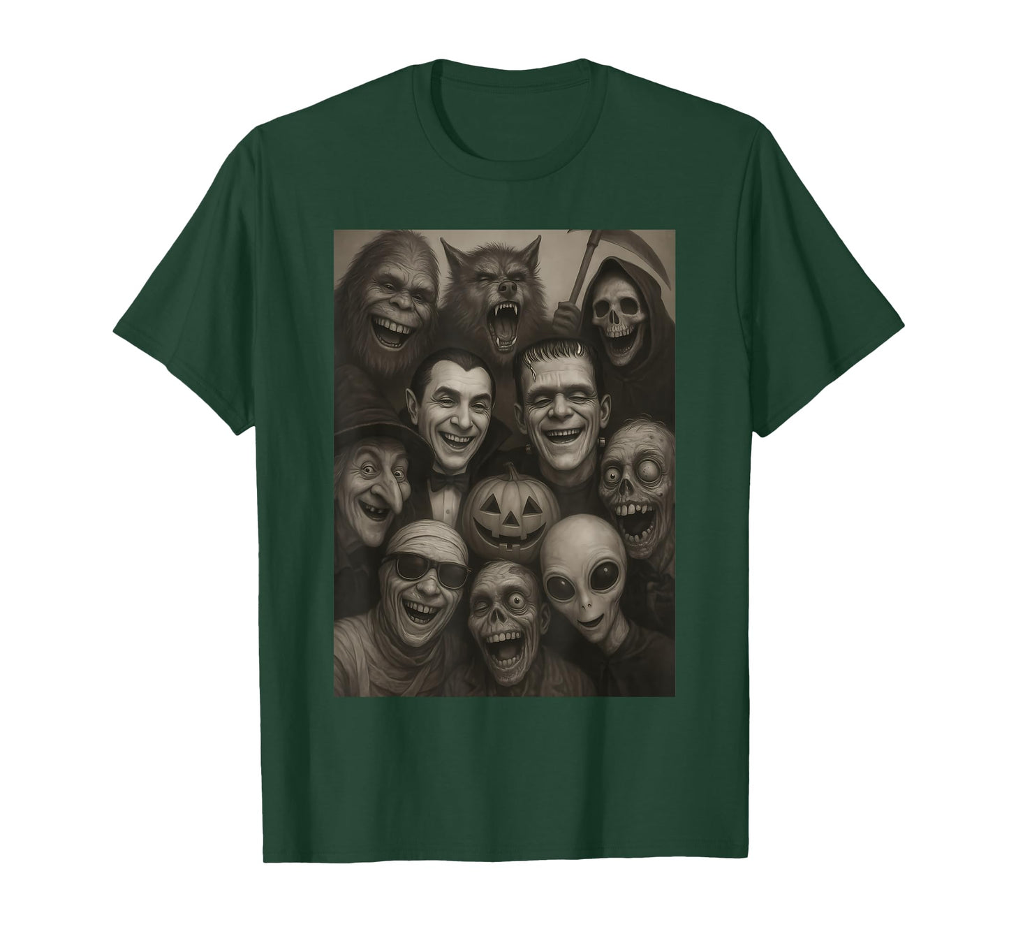 Halloween Bigfoot Alien Dracula Frankenstein Monster Selfie T-Shirt