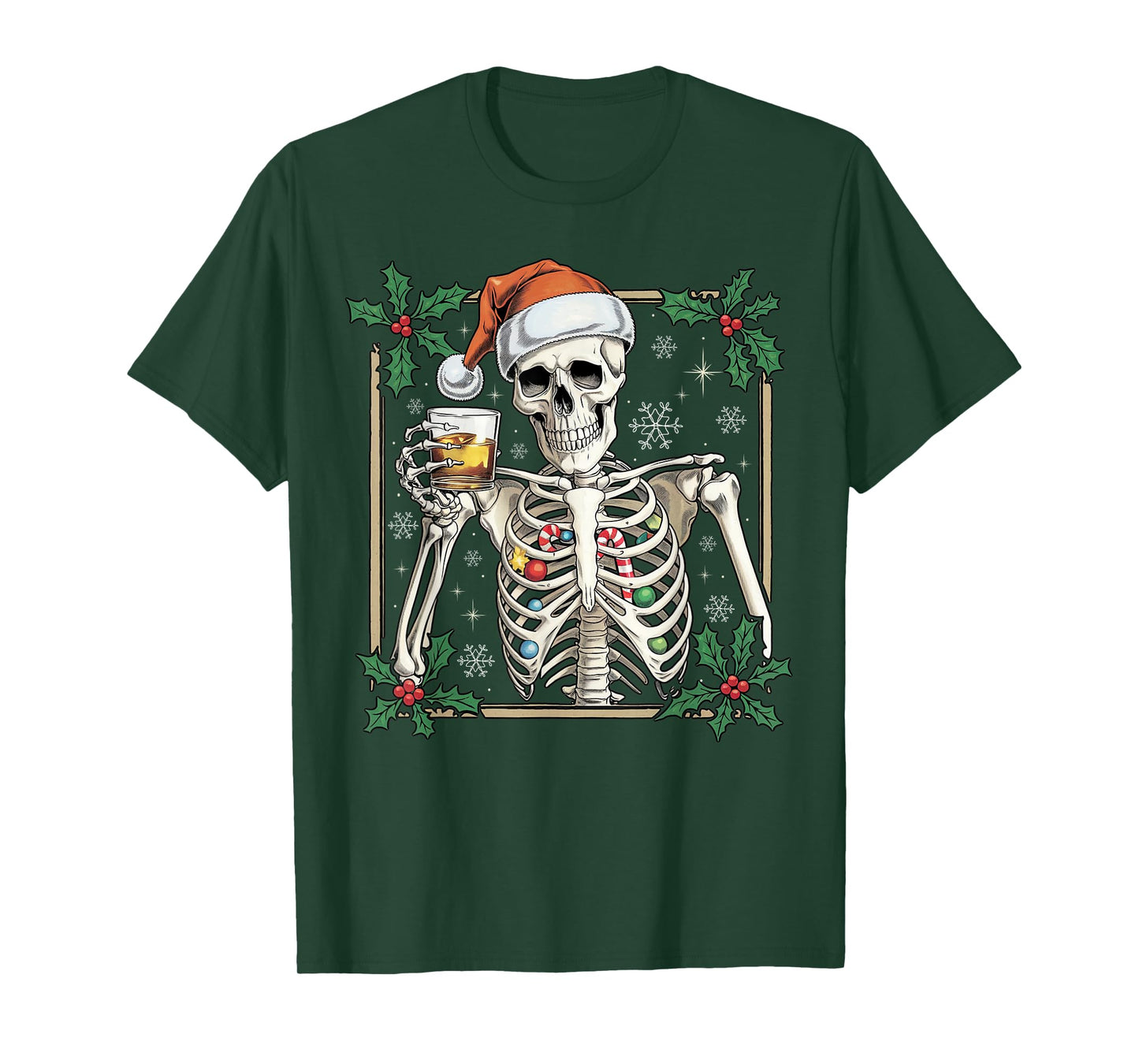 Funny Skeleton Santa Hat Drinking Bourbon Whiskey Christmas T-Shirt