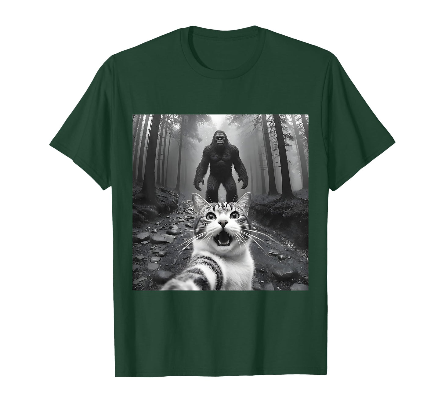 Funny Surprised Scared Cat Selfie With Sasquatsch Bigfoot Men Women Girls Kids T-Shirt