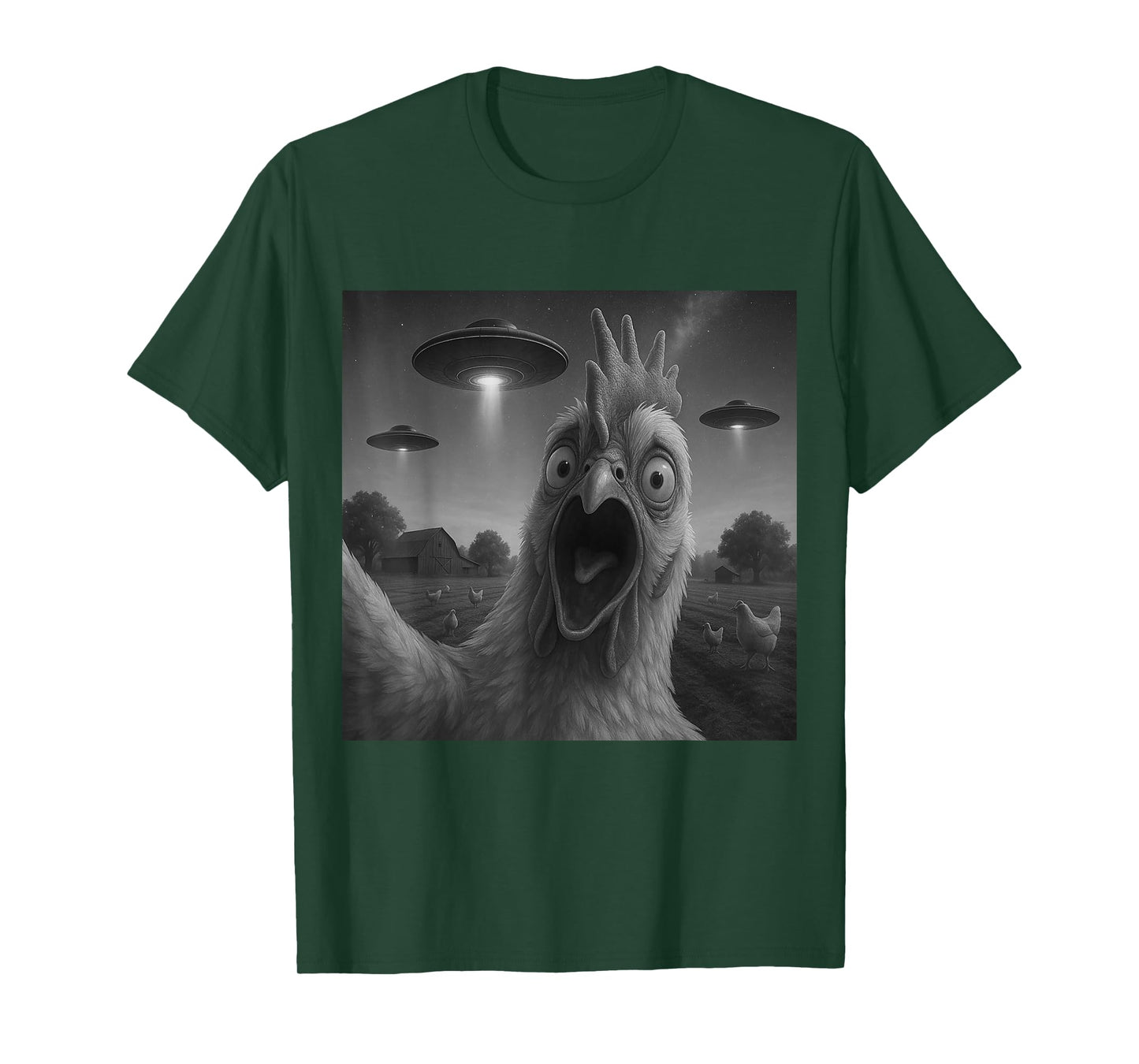 Chicken Rooster Funny Selfie Chicken with UFOs Weird Aliens T-Shirt