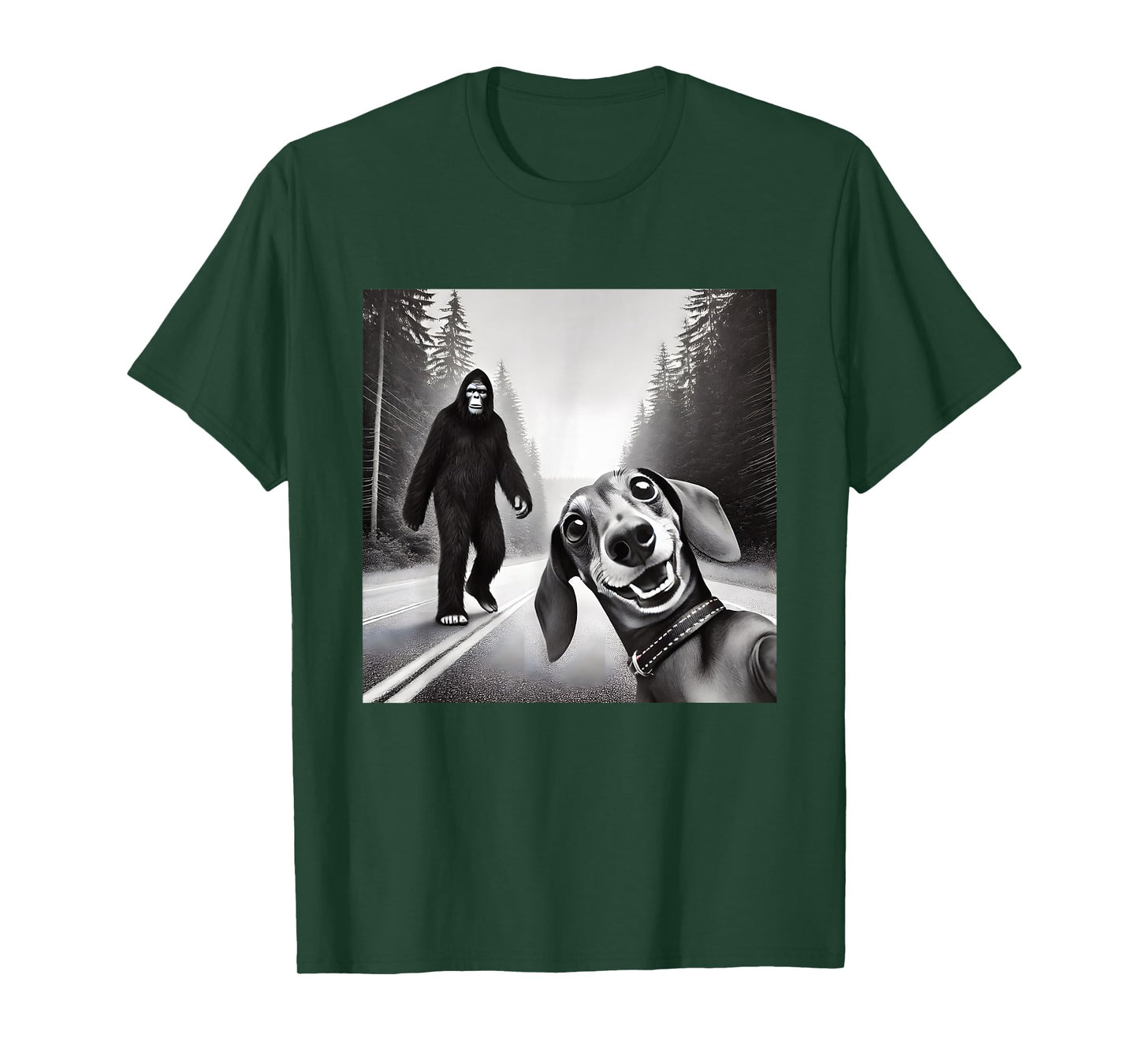 Comical Dachshund Encounters Mythical Creatures Unisex T-Shirt - Bigfoot And Dachshund On Road - Black - Small - Short Sleeve