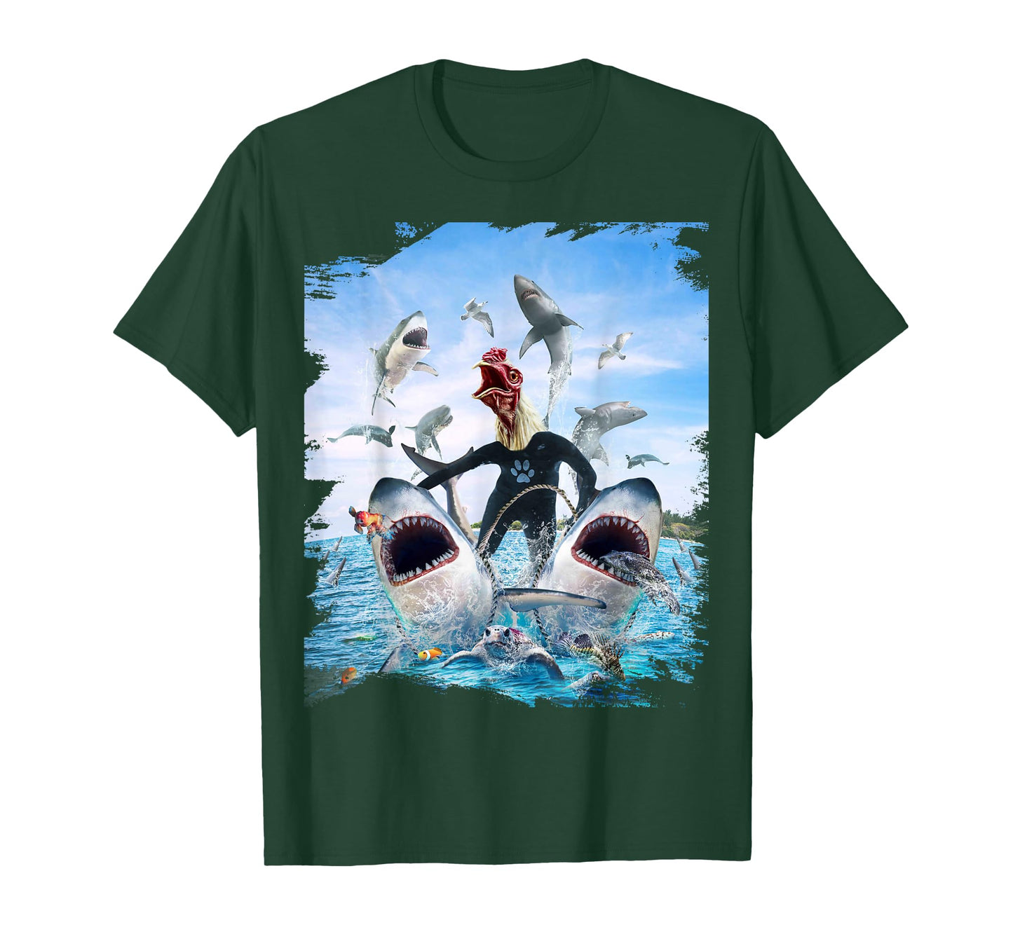 Chicken Riding Shark Sharks At Beach Ocean Funny T-Shirt